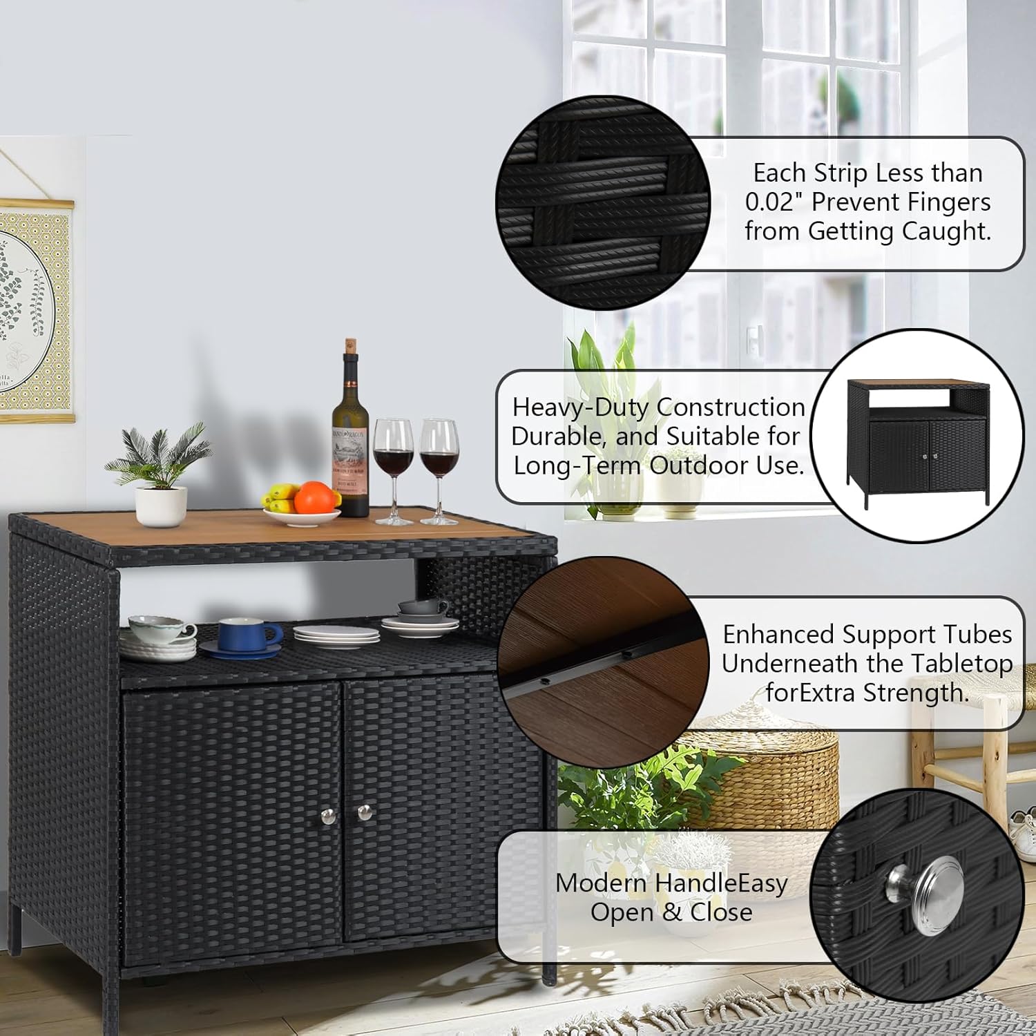 IDEALHOUSE Patio Outdoor Wicker Storage Cabinet，Patio Bar Table with 2-Door and Shelf, Outdoor Cabinets Weatherproof for Pool, Garden, Kitchen, and Porch –Brown
