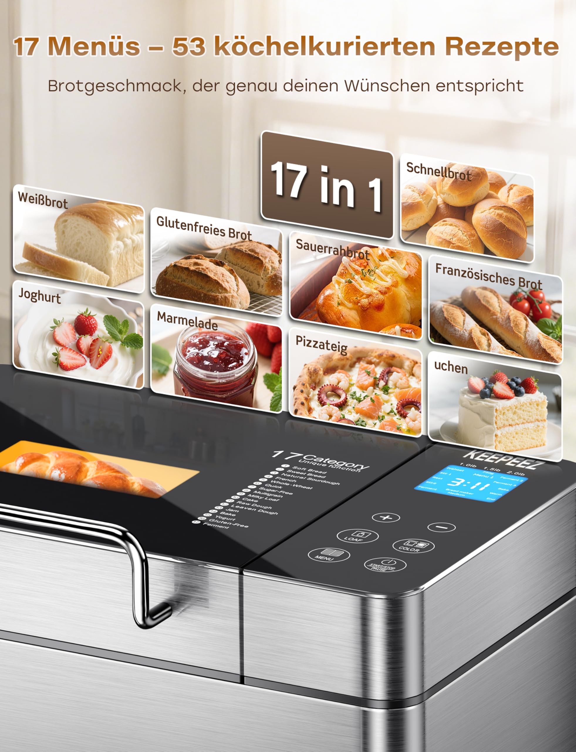 2LB 17 in 1 in acciaio inox con contenitore per frutta e frutta, stampo in ceramica antiaderente e pannello touch digitale, 3 misure, 3 colori, set di riserva e manutenzione