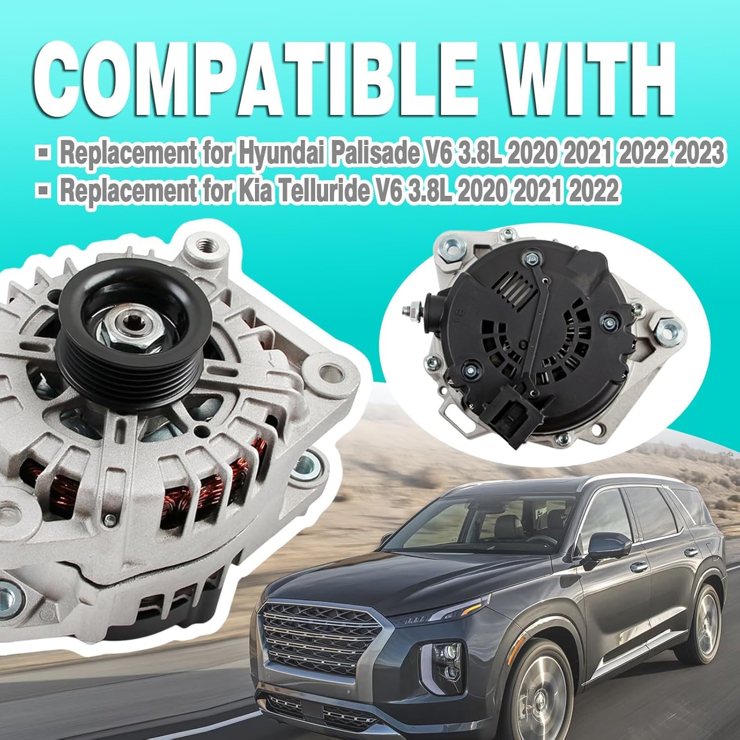 37300-3L060 Alternator 13.5V 180AMP Replacement for Hyundai Palisade 2020-2023 Kia Telluride 2020-2022 3.8L 6-Groove Clutch Pulley Replace 2722099 373003L060