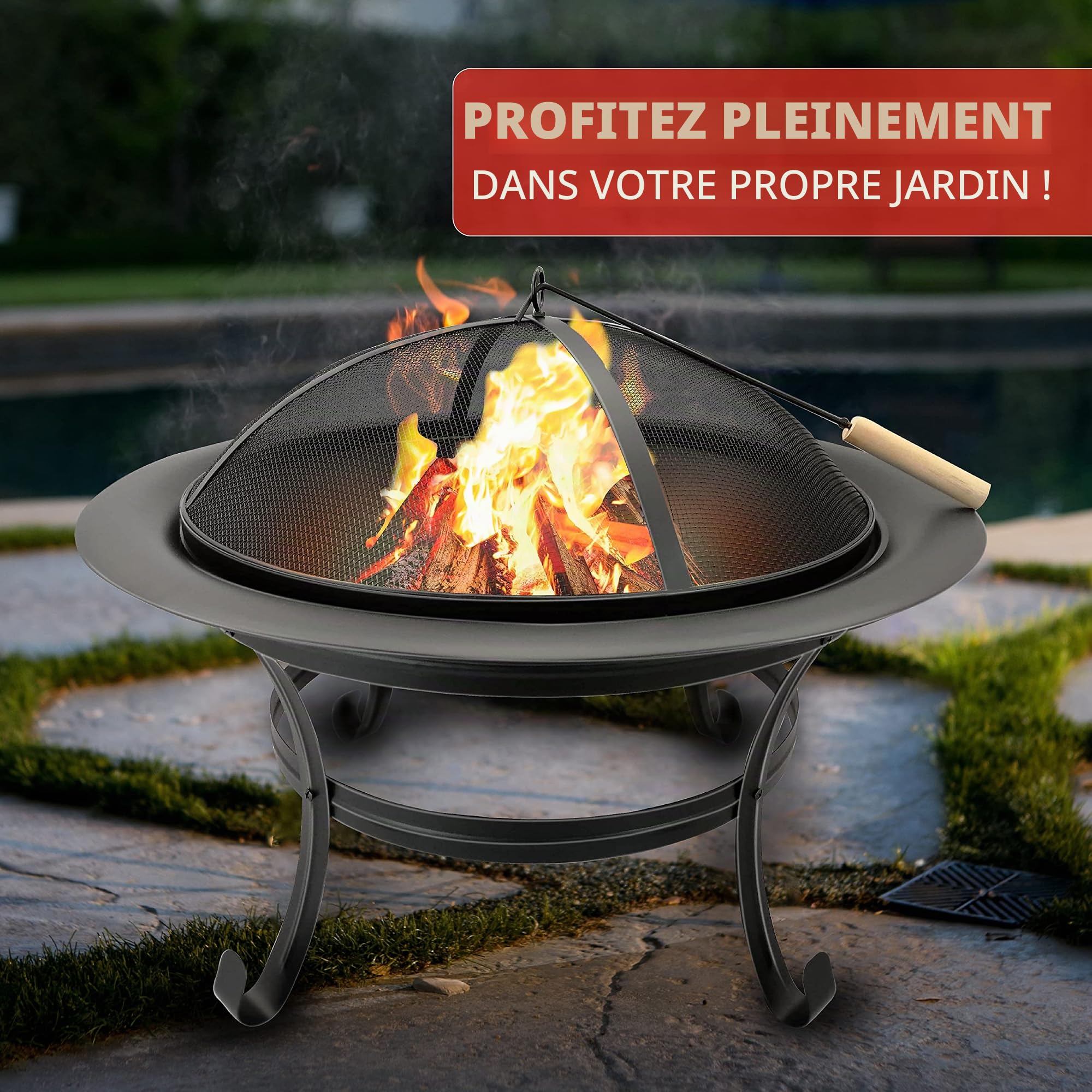 BBQ Collection Brasero Exterieur Ø75,5 cm - Incinerateur de Jardin sur Pied - avec Écran Anti-Étincelles - Facil a Transporter avec Poignées - Decoration Jardin et Terrasse - Acier au Carbone