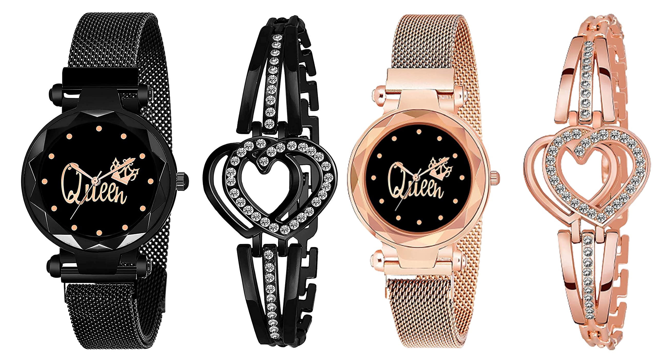 Watch Analogue Queen Black Dial Magnet Watch with Gift Heart Shape Bracelet for Women or Girls and Watch for Girl or Women (Combo of 4) (Heart Shape Black - Gold) (B0B8GZPV9H) Amazon Price History, Amazon Price Tracker