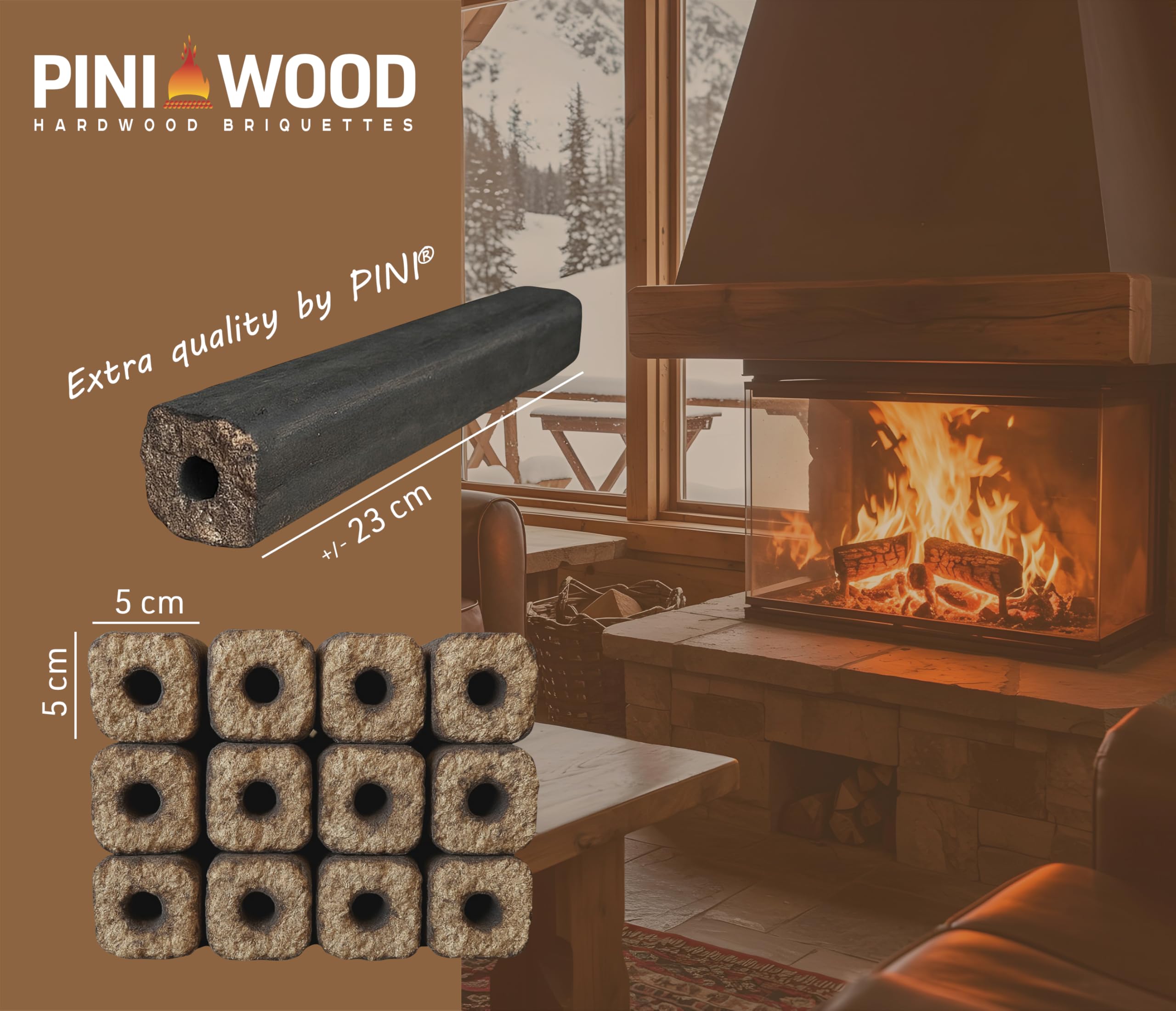 PINI Kay Briquetas de madera de roble, 23 cm de largo, cuadradas con agujero de tracción, 22,5 kg, briquetas de madera dura, briquetas de madera de roble, chimenea, horno y barbacoa