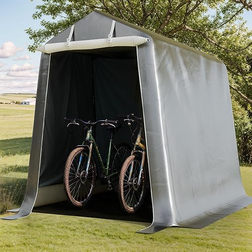 Miniatura 3 de Shintenchi Cobertizo portátil de 6 x 8 pies, almacenamiento al aire libre de 7 pies de alto con lona resistente a los rayos UV e impermeable, garaje