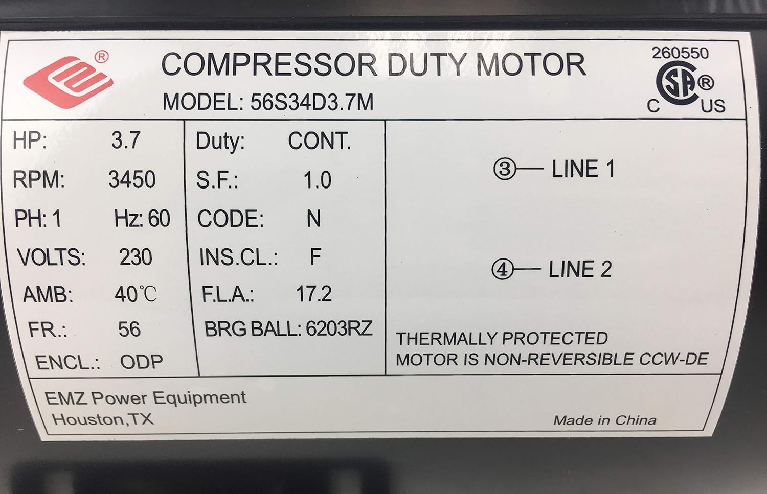 NEW 3.7HP COMPRESSOR DUTY ELECTRIC MOTOR, 56 FRAME, 3450 RPM, 5/8" SHAFT DIAMETER, NEMA RATED MOTOR, REPLACES 5HP SPL MOTORS RATED 15-17AMPS