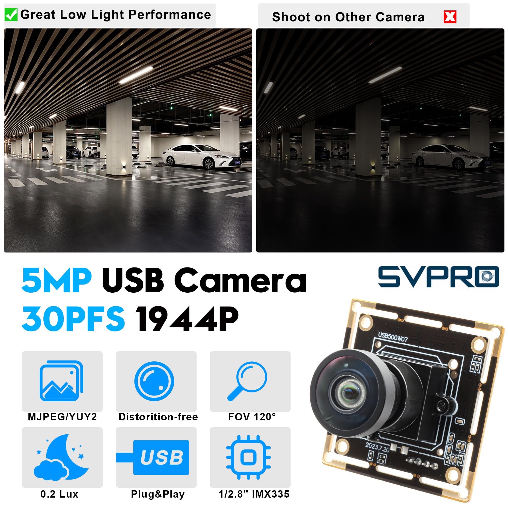 Modulo Fotocamera USB SVPRO 5MP, Sensore IMX335, Obiettivo Grandangolare 120°, Plug And Play Per PC E Raspberry Pi