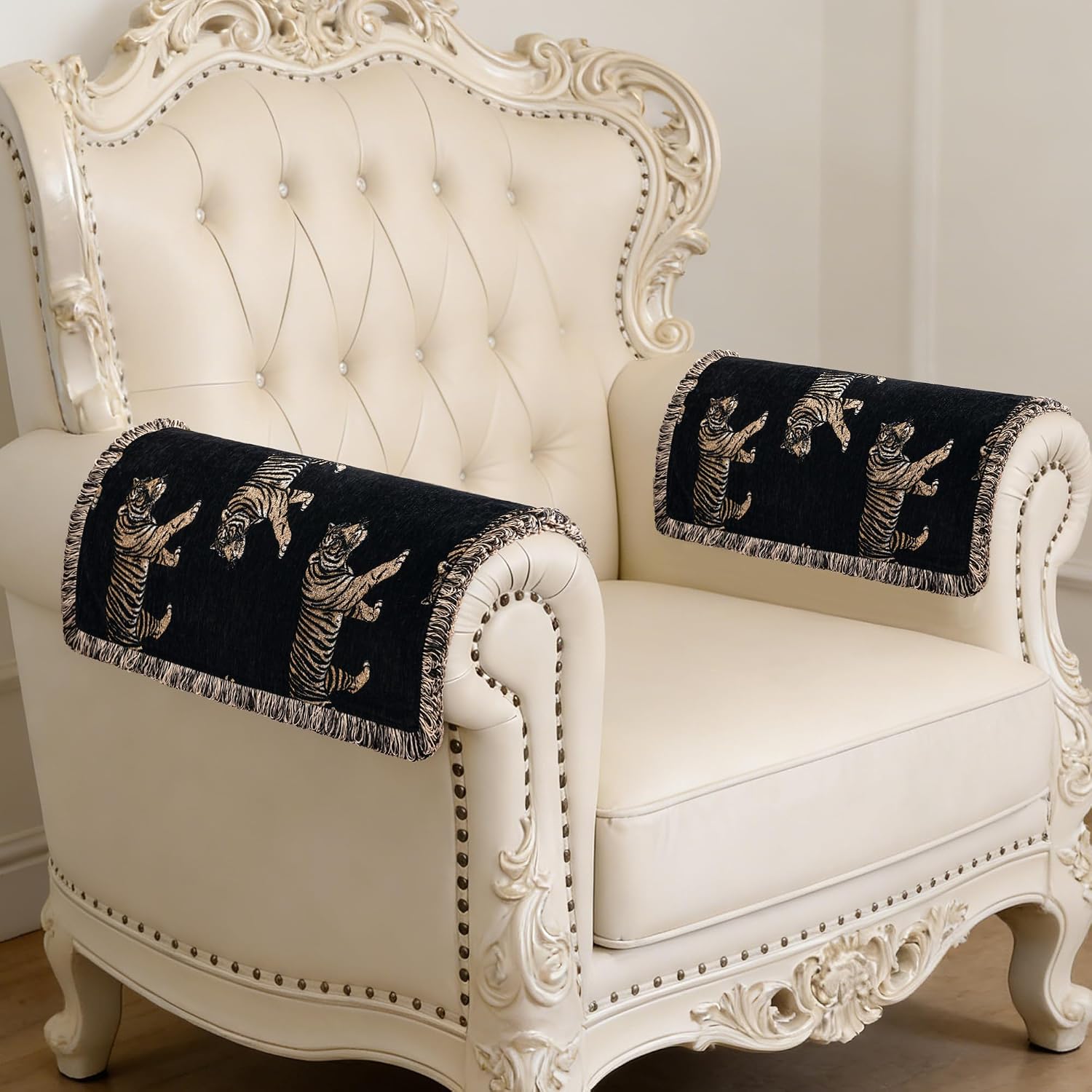 Vintage Tiger Jacquard Armrest Cover for Sofa, Luxury Wild Animal Non-Slip Couch Arm Covers with Fringe, Black Chenille Recliner Arm Chair Cover Protector Set of 2(Black, 20x24 inch)