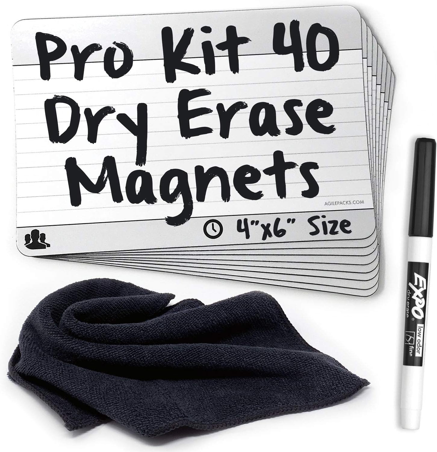Dry-Erase Planning Card Magnets by AgilePacks for Agile Planning Boards, Scrum, Kanban, Meetings, Productivity | AgilePacks Pro Kit - 40 4x6 Magnetic Planning Cards, Magnetic Cleaning Cloth and Marker