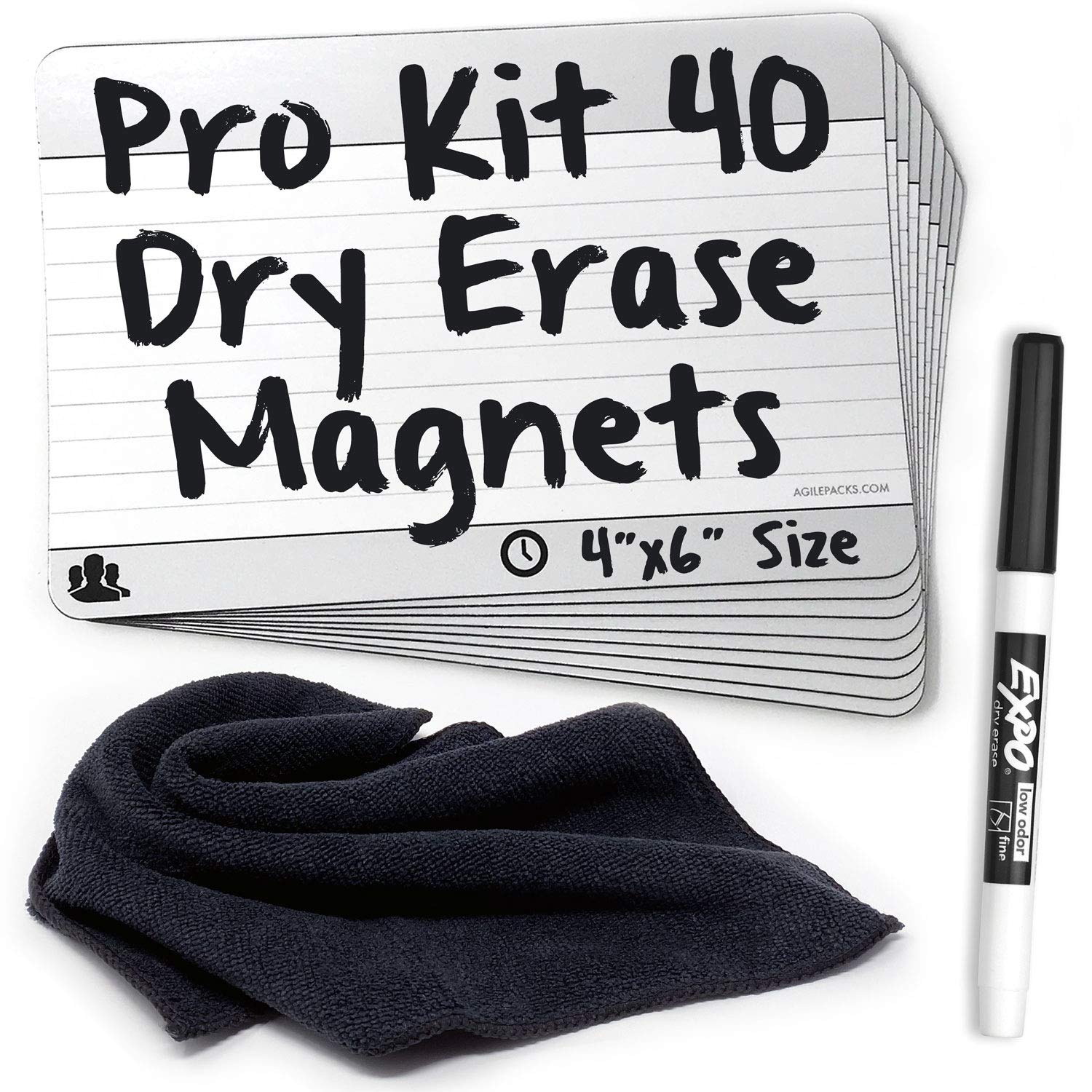 Dry-Erase Planning Card Magnets by AgilePacks for Agile Planning Boards, Scrum, Kanban, Meetings, Productivity | AgilePacks Pro Kit - 40 4x6 Magnetic Planning Cards, Magnetic Cleaning Cloth and Marker