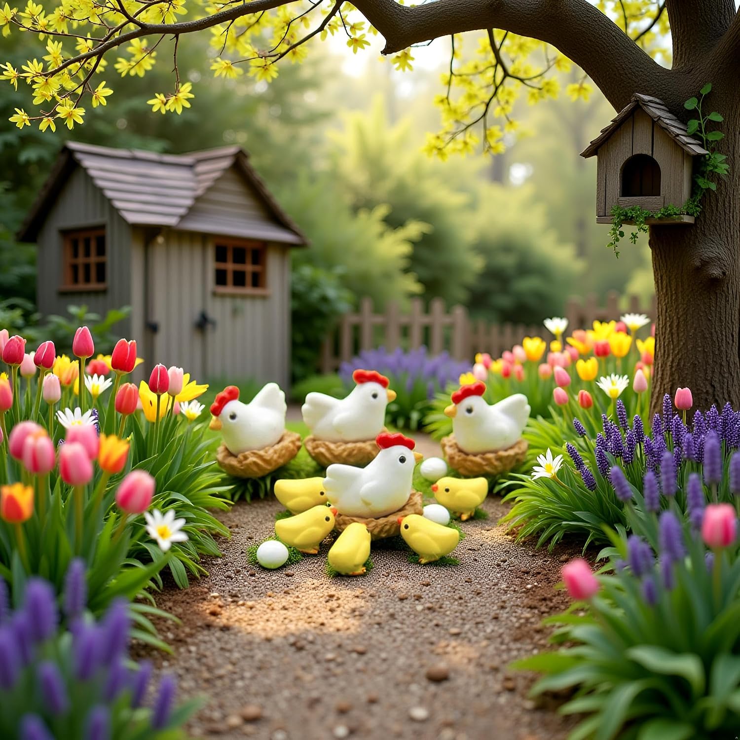 Jowxsx 12Pcs/Set Miniature Hen Chicken Family Egg Statue Figurine Garden Decor Ornaments Outdoor Statues, Dollhouse Decoration Accessories