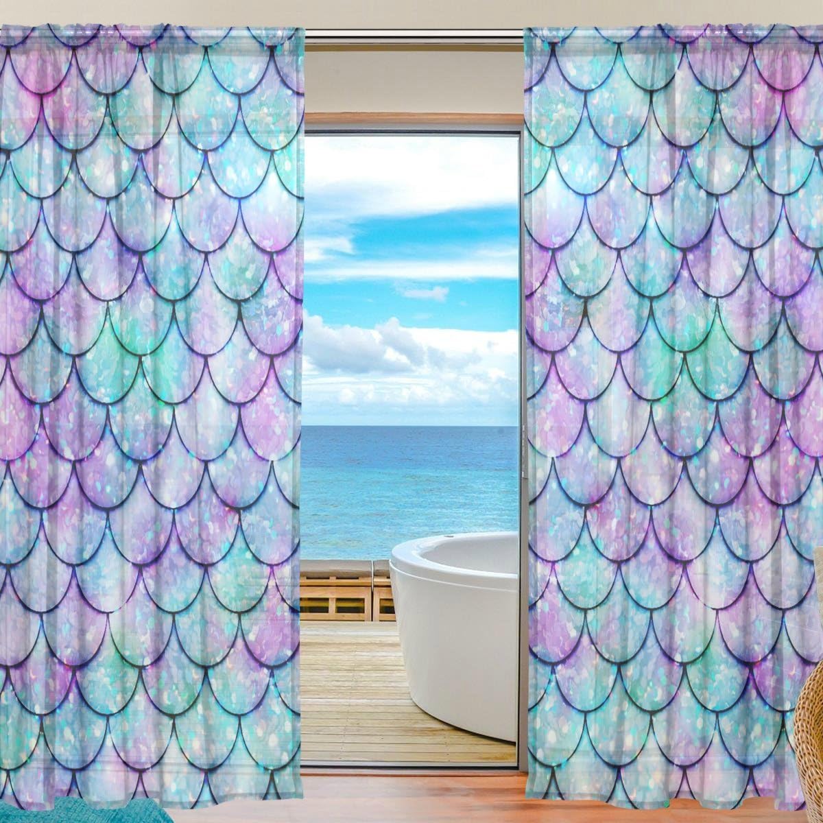 Colorful Watercolor Mermaid Scale Sheer Curtain Voile Tulle Panel Window Curtain for Kitchen Bedroom Living Room Home Decor, 55x78 inches, 2 Panels Set