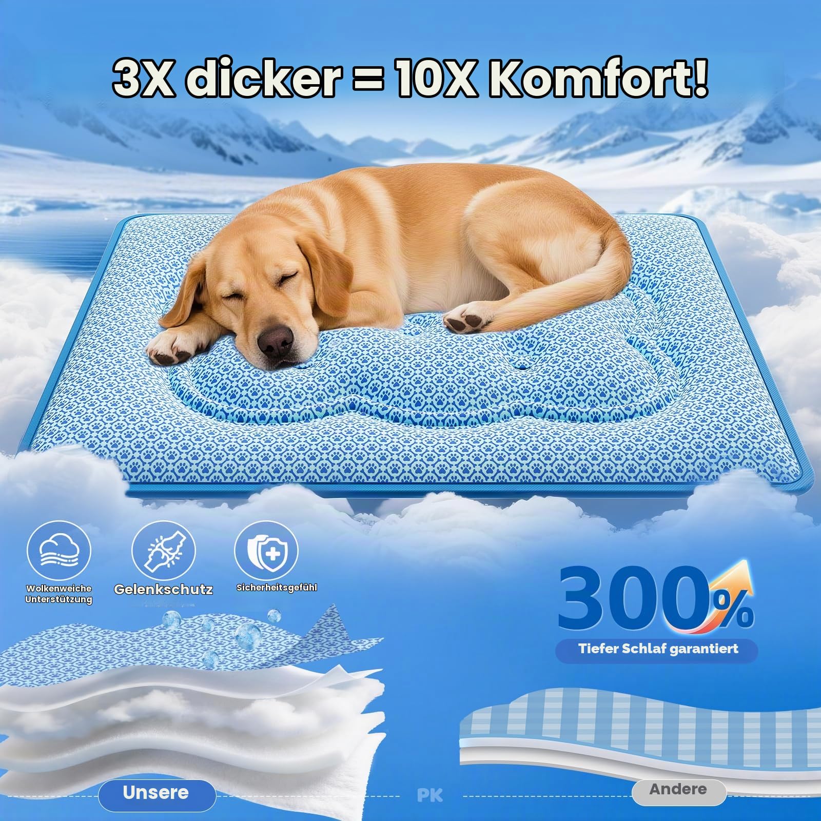 Kühlmatte für Hunde, 88x66cm Kühlmatte Hund Selbstkühlend mit PCM und Thermochromer Technologie für groß Hunde, doppelseitige, Q-Max > 0.5, Verdickt Waschbar ungiftig Kühldecke Hund - Blau