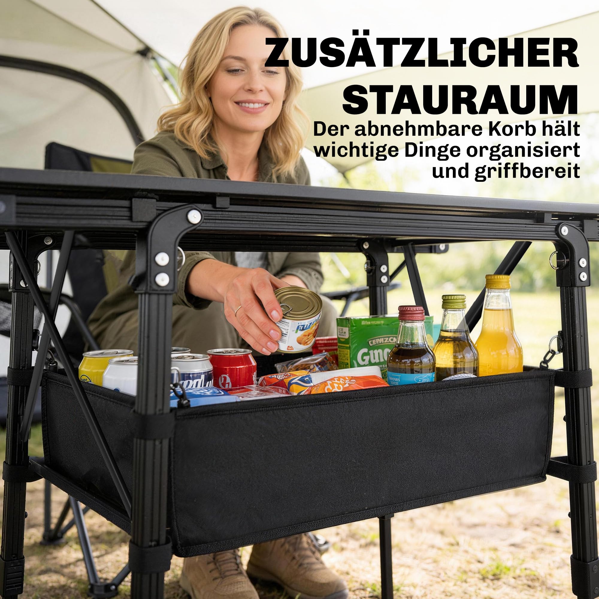 Outsunny Stół campingowy regulowany wysokość składany 90 x 55 cm czarny | Z koszem, składany stół ogrodowy z aluminium, stół wielofunkcyjny, do ogrodu, balkonu, campingu