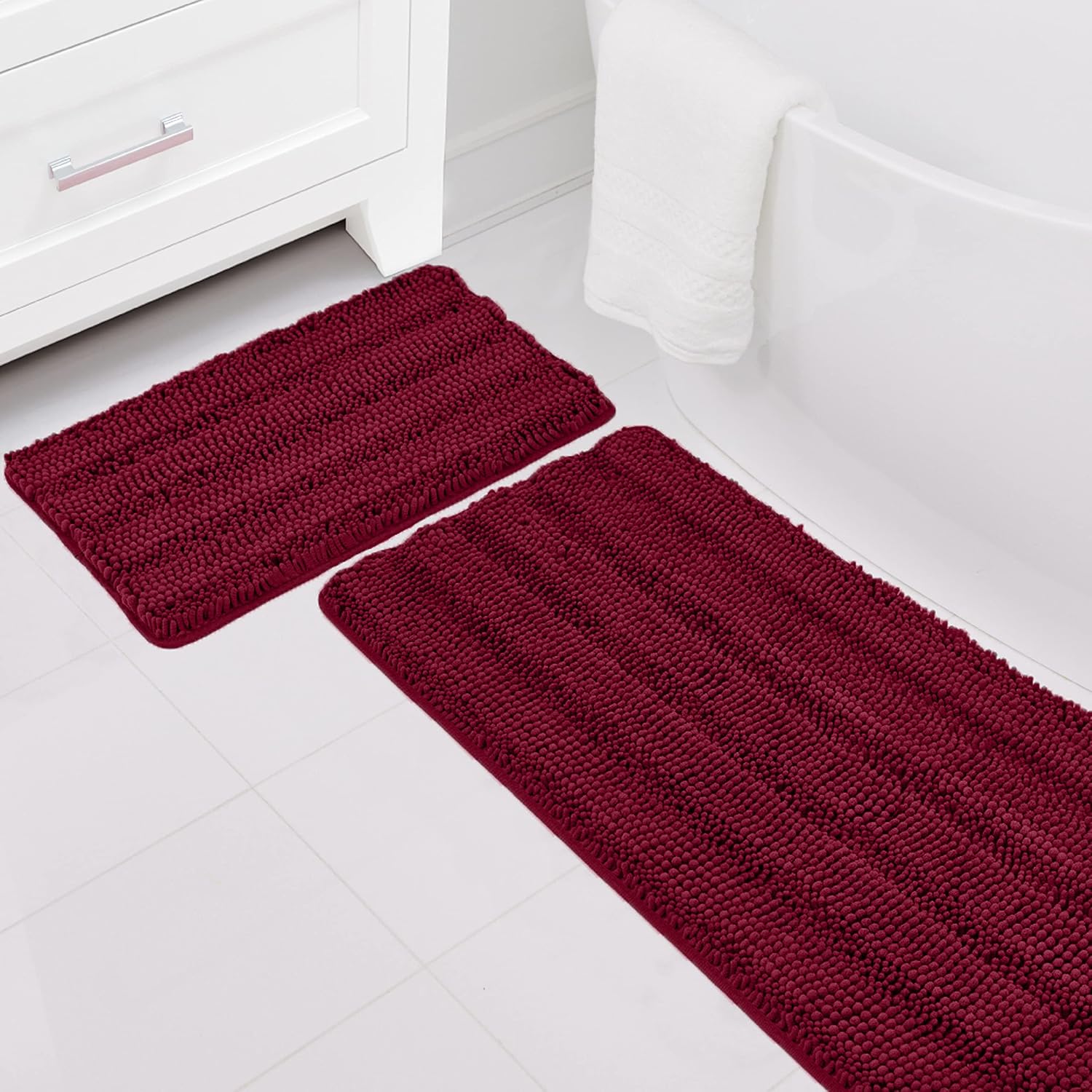 lalaLOOM Set of 2 Luxury Chenille Striped Bathroom Rug, 17x24 and 60x17, Thick Absorbent Bath Rugs, Soft Washable Bathmats, Microfiber Dries Quickly, Home Décor Mats for Shower Bathtub Floor Merlot
