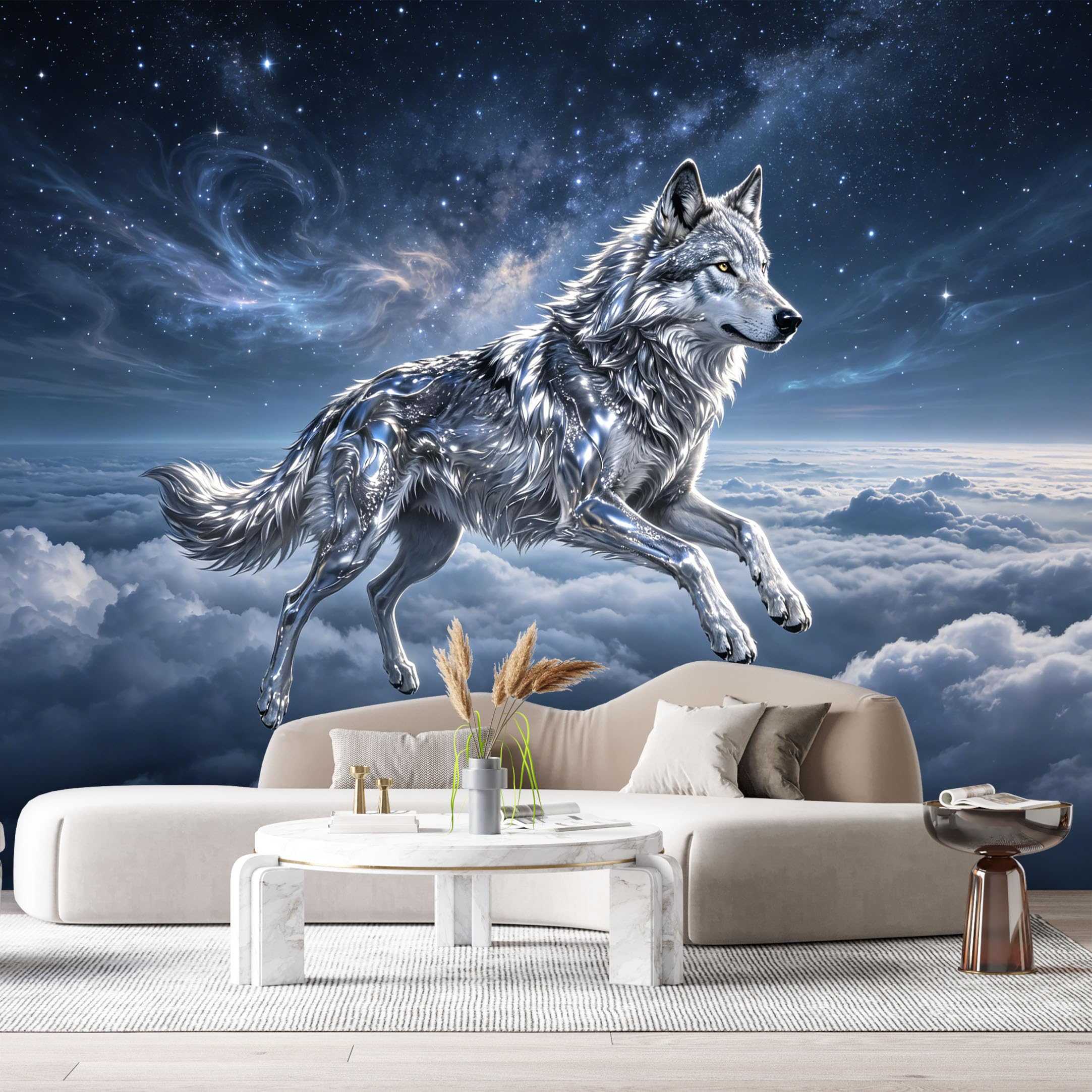 Custom Size Wall Murals Metallic Silver Wolf Galaxy Nebula 3D Trompe L'Oeil SelfAdhesive Wall Fabric Removable Large Wallpaper for Photo Living Room
