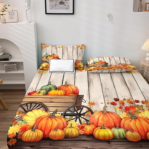 Miniatura 3 de Juego de sábanas de calabaza de Acción de Gracias, tamaño individual XL, sábanas rústicas de decoración de otoño, sábanas suaves y profundas y sin