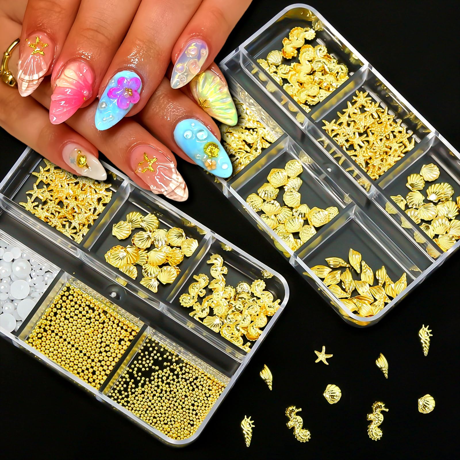 2Boxes Summer Steel Studs Metal Pearls Nail Gems Charms Metal Small Seashell Starfish Alloy Seahorse Nail Rhinestones Summer Charms for Acrylic Nail Art Marine Theme Nail Supplies for Women Manicure