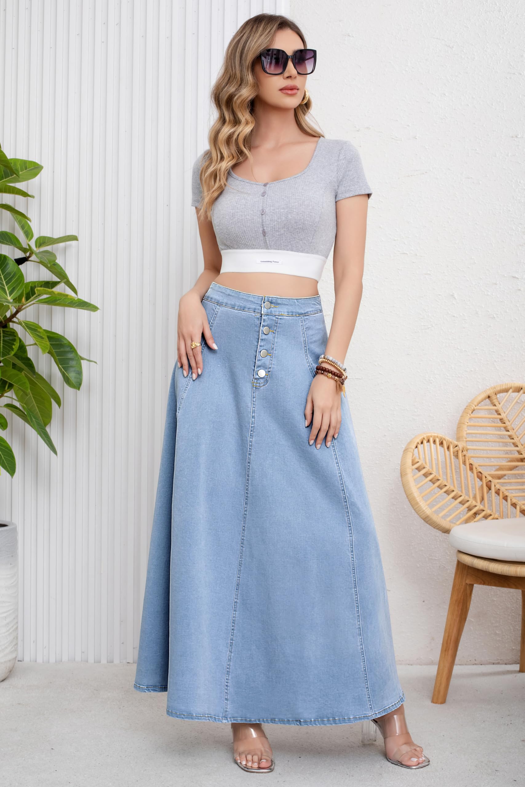 ebossy Damen Retro-Jeansrock mit hoher Taille, Knopfleiste, fließendes Plissee, Swing A-Linie Denim Maxi-Röcke