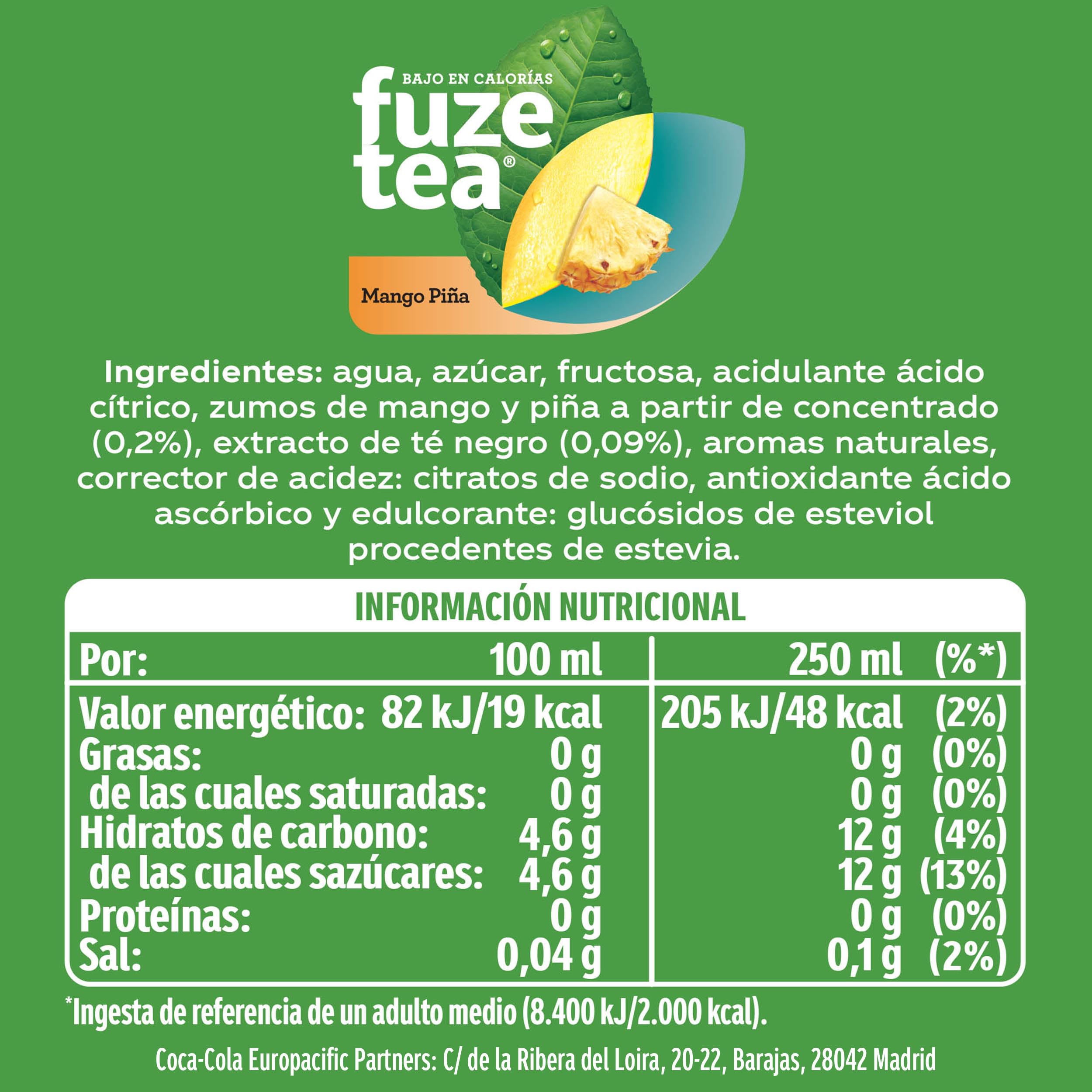 Fuze Tea Mango & Piña, Refresco de Té sin Gas - Pack de 6 Botellas de 1,5 L