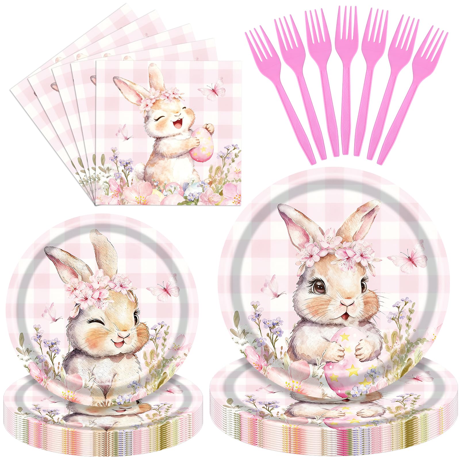 100 Pcs Easter Gingham Tableware Party Supplies - Disposable Pastel Plaid Bunny Dinnerware Set with Paper Plates and Napkins for Spring Parties,Easter Celebrations,and Holiday Gatherings - Serves 25
