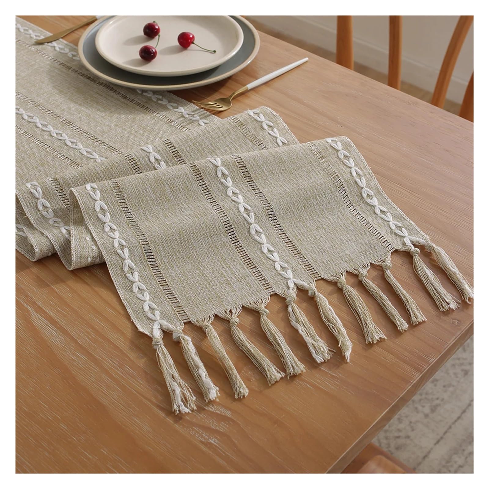 Runner da tavola con frange Runner da tavolo rustico con nappe, runner ricamati in cotone e lino for decorazioni pranzo, feste di nozze(Taupe,33x228cm With Tassel)