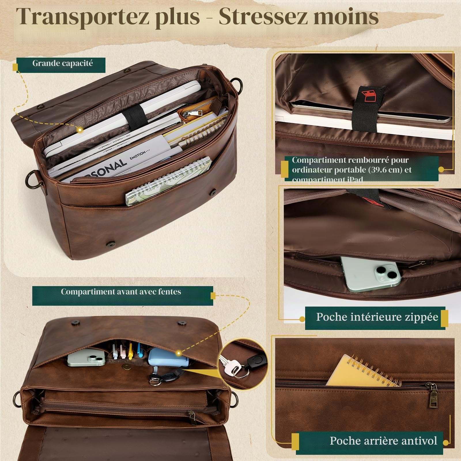 RAINSMORE Sacoche Ordinateur 15,6 Pouces Sac Messager Homme