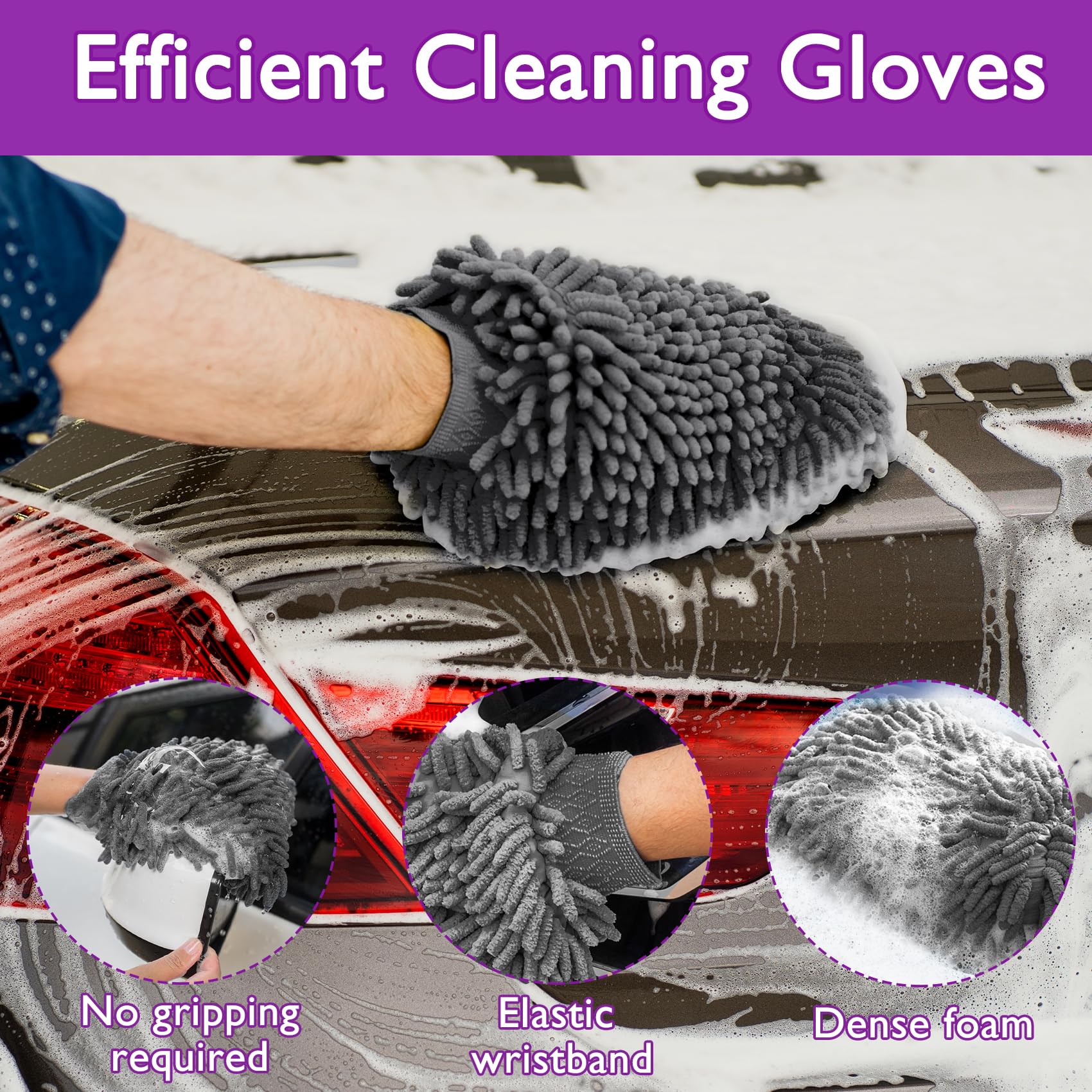 KALBIGRO Kit Pulizia Auto con 3 Pezzi Panno Microfibra Auto e 2 Pezzi Guanto Lavaggio Auto, 600 GSM Panno in Microfibra per Auto Super Assorbenti, Senza Graffi per Cura Auto Moto (40 x 30 cm) - 4