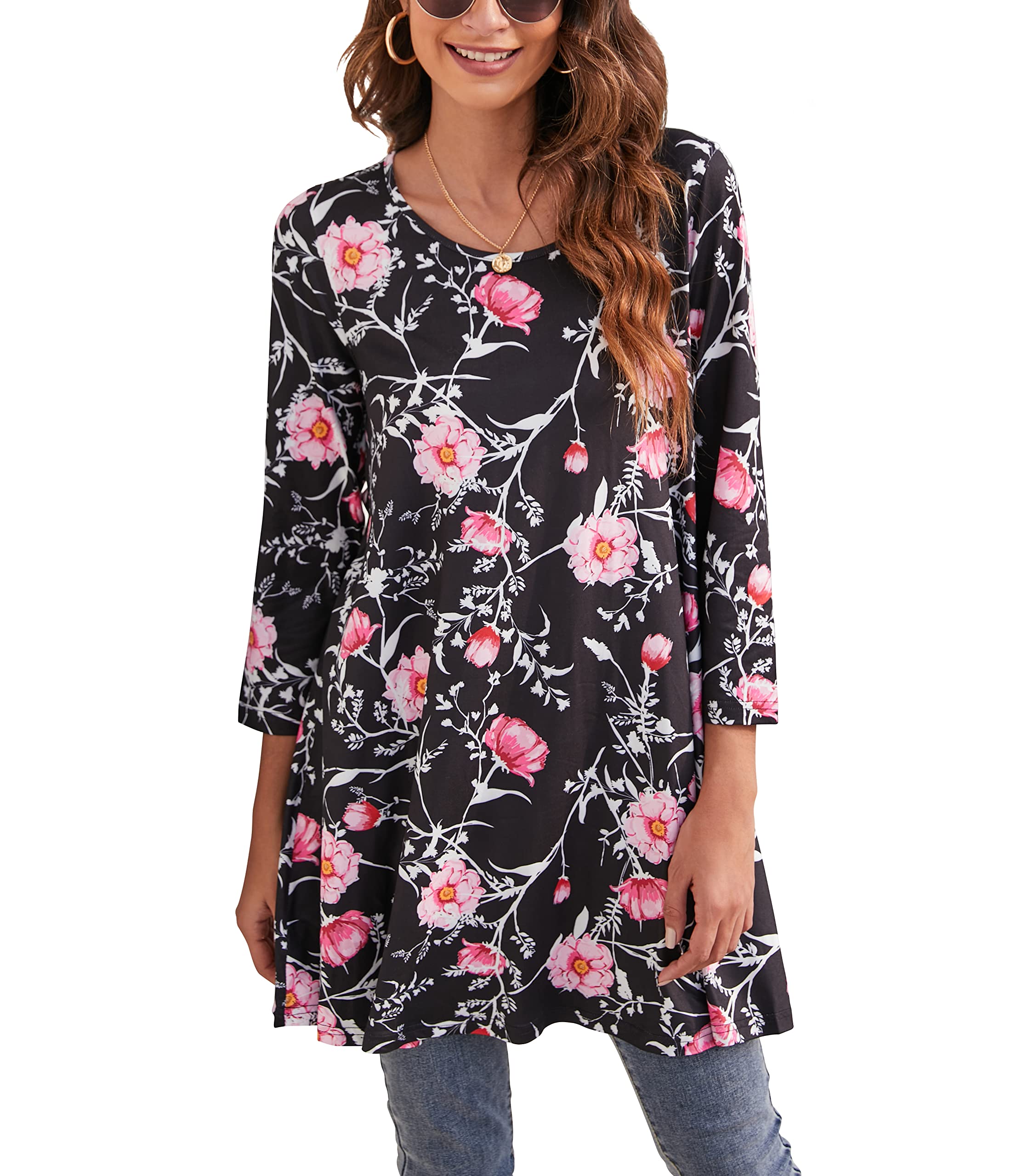 ENMAIN Womens Tops 3/4 Sleeve Plus Size Tunics to Wear with Leggings Dressy Casual Loose Blouses Swing Flare T-Shirt S-5XL