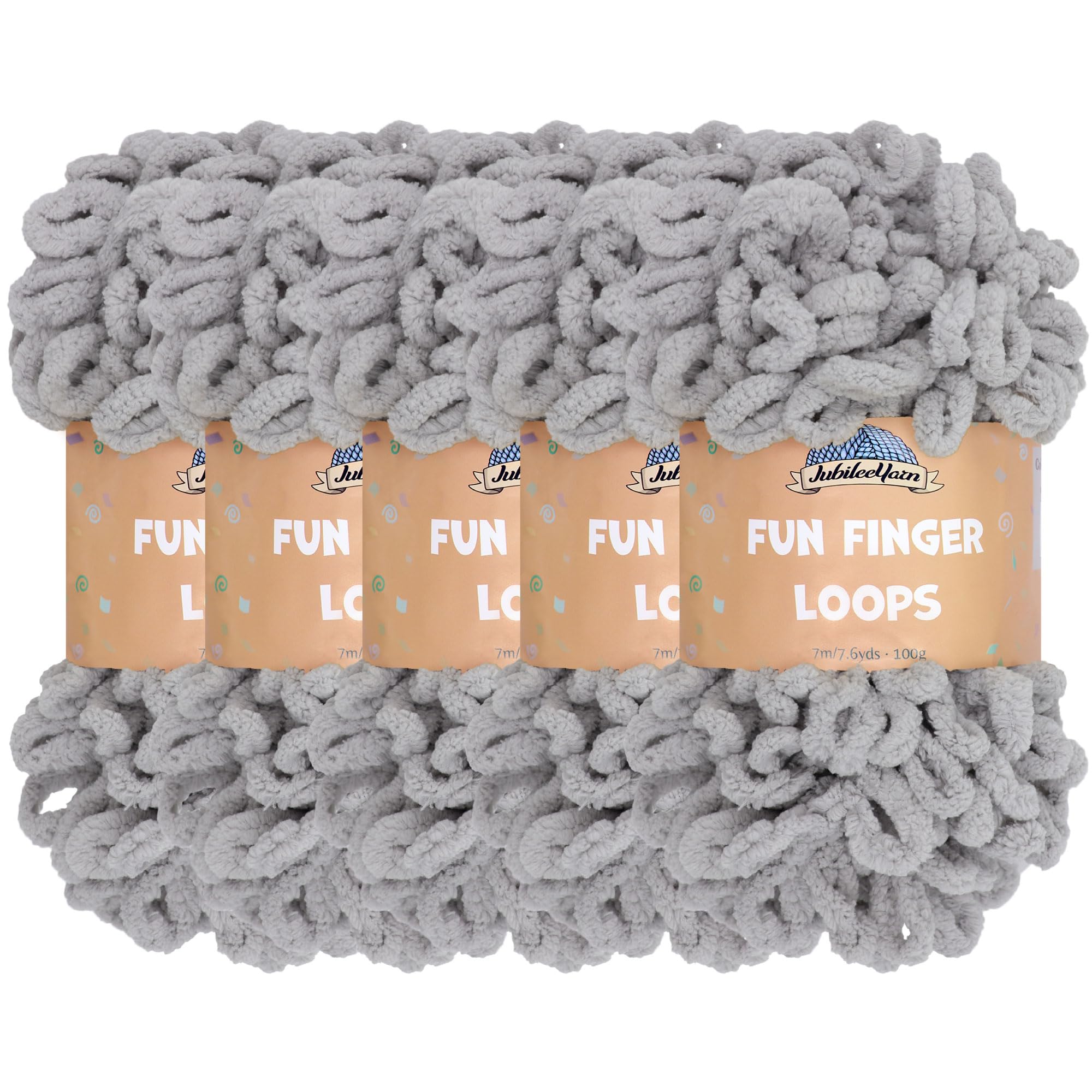 BambooMN JubileeYarn Fun Finger Loops Yarn - Polyester Jumbo Weight Loop Yarn - 100g/Skein - Light Grey - 5 Skeins