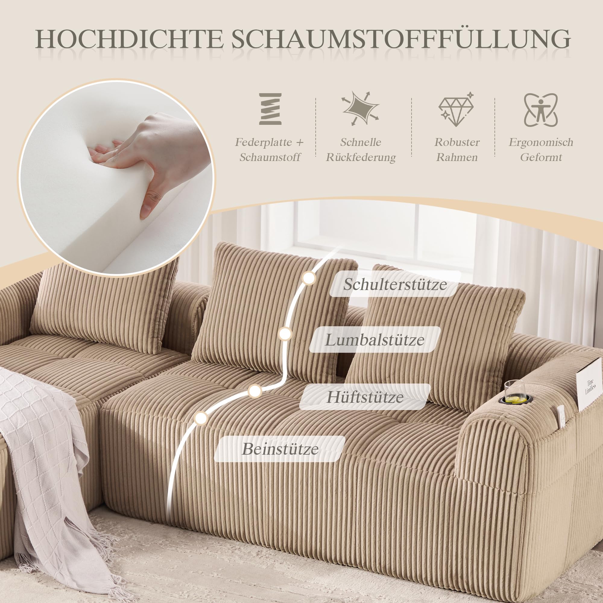 Soweiz Sofá compacto de pana – Sofá modular suave con bolsillo lateral y soporte para bebidas, comodidad para sentarse durante mucho tiempo, incluye 3 almohadas. Para salón, estudio y más (caqui)