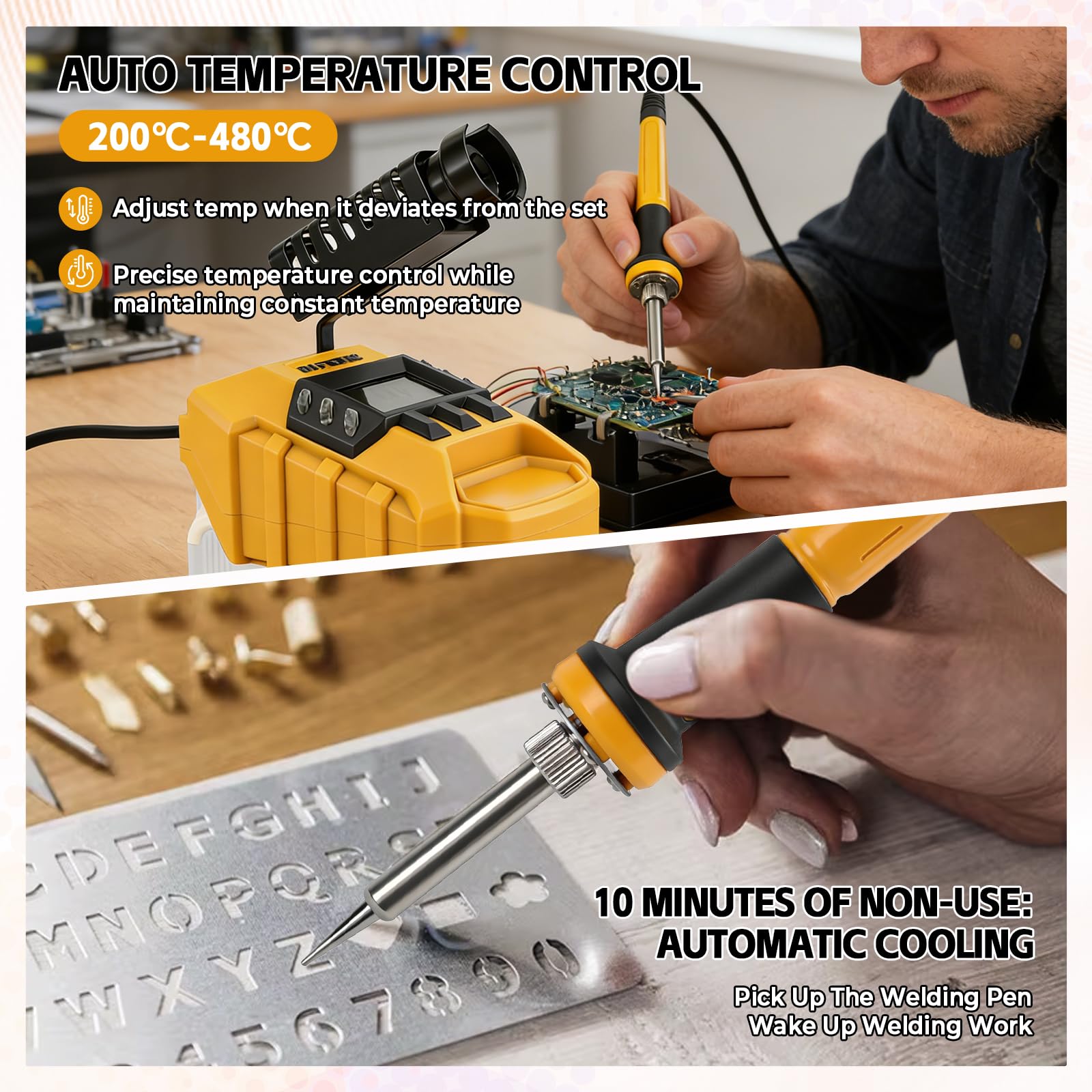 Estación de soldadura con batería para baterías DEWALT de 18 V/20 V, kit de soldadura de 60 W con pantalla digital, control de temperatura de 200 – 480 °C, calentamiento rápido, 5 puntas de soldadura