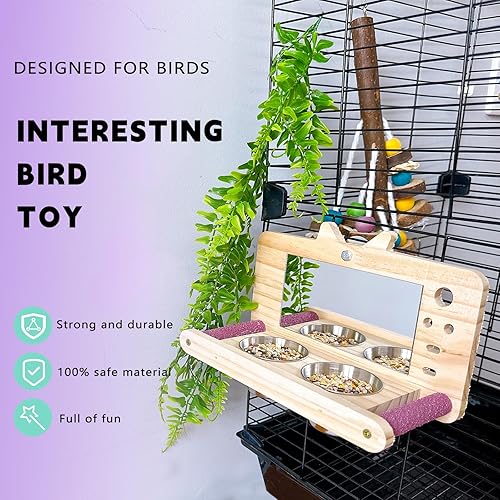 Miniatura 10 de Perca de loro de juguete para pájaros con espejo y tazas de alimentación de acero inoxidable para periquitos, jaula de columpio, espejo de madera,