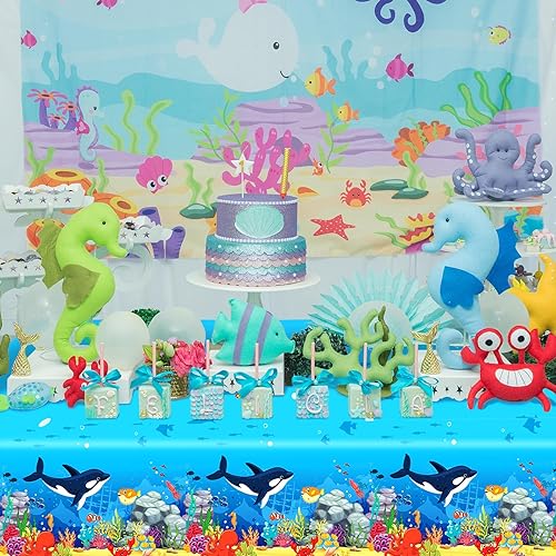 Miniatura 4 de Juego de 3 manteles de plástico con diseño de tiburón y animales bajo el mar, 106 x 54 pulgadas, diseño de ondas oceánicas para baby shower, playa,