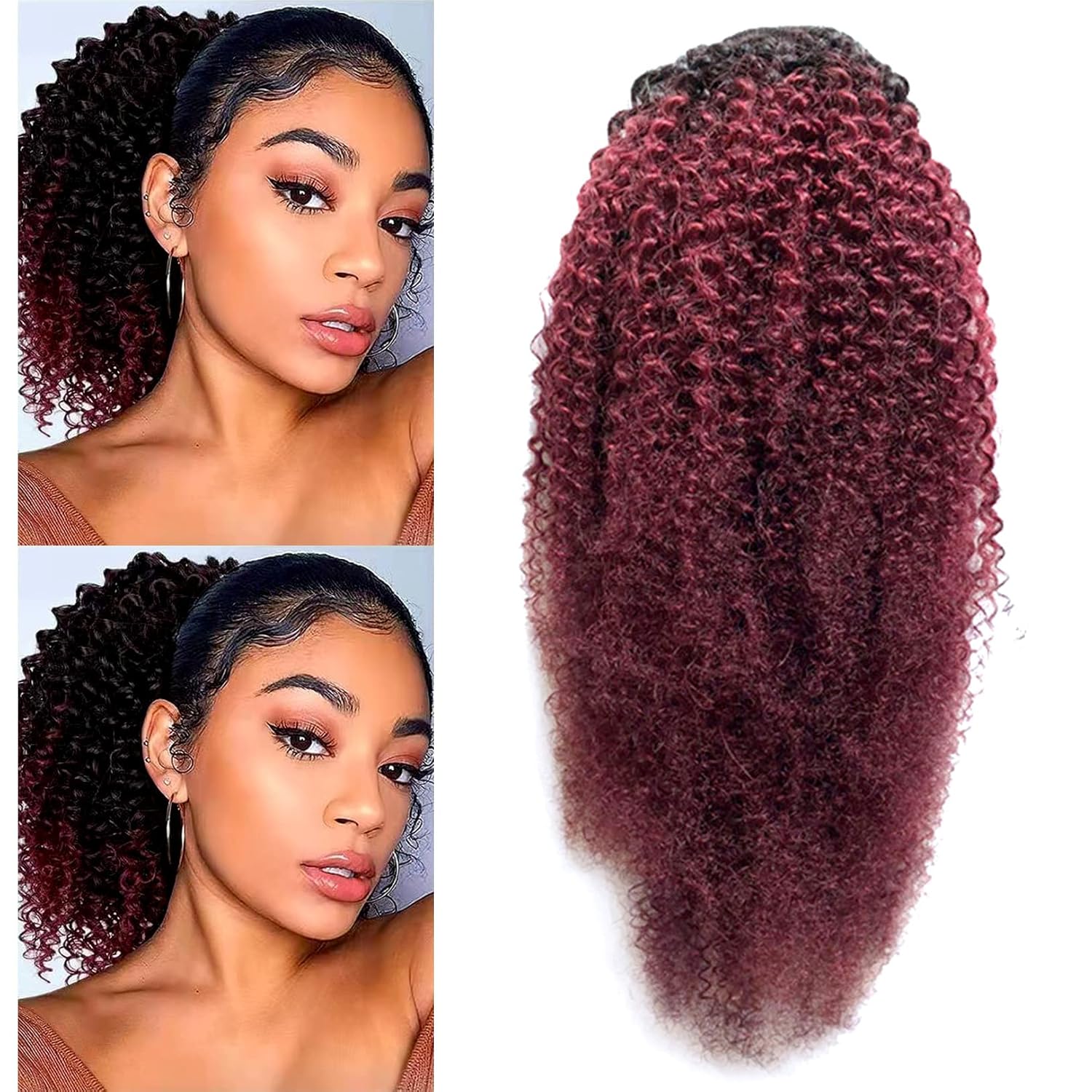 Afro Puff Drawstring Ponytail Remy Natural Curly Afro Bun Extension Hairpieces 1B/99J Natural Black to Burgundy Updo Hair Extension with 2 Clips 14 Inches