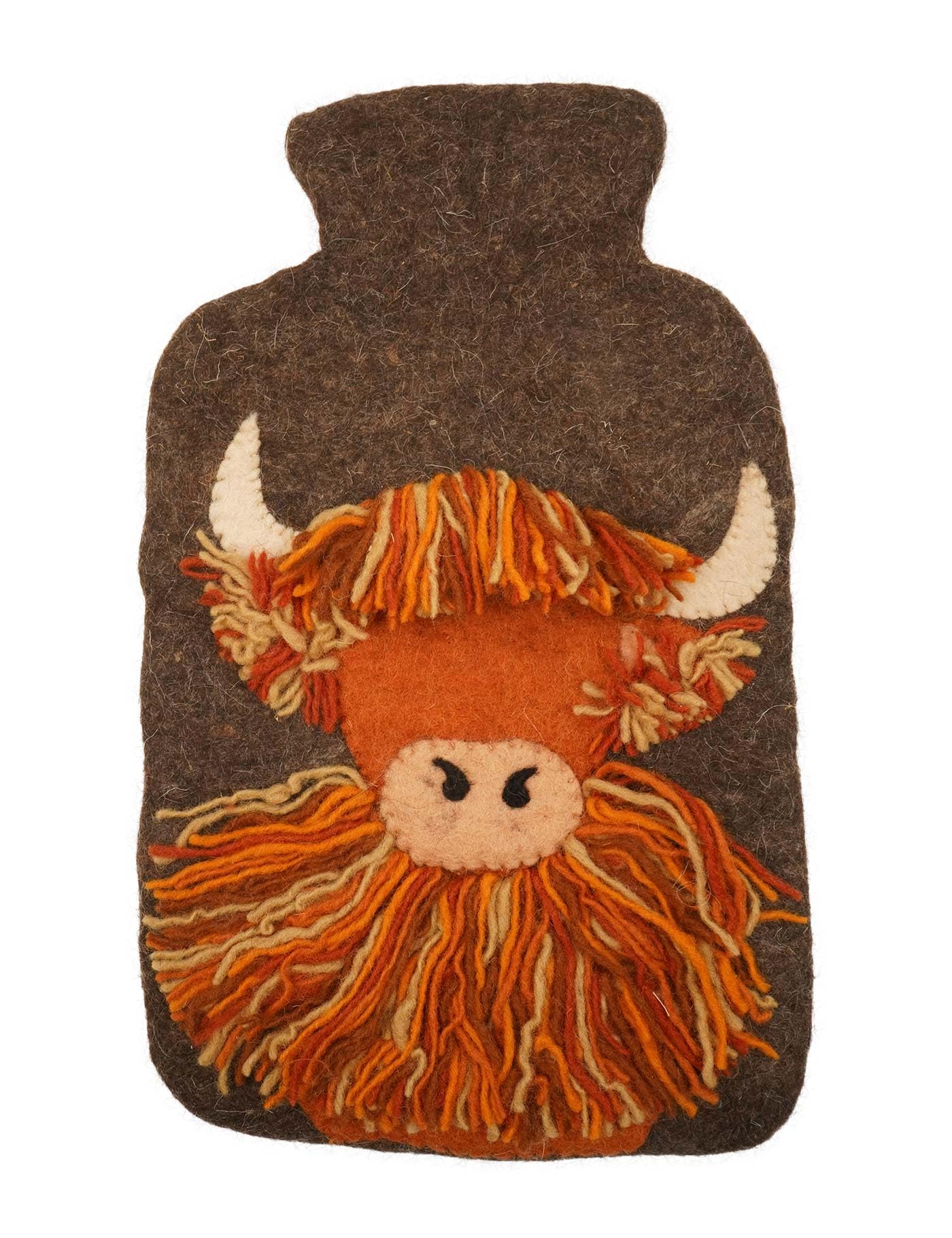 Pachamama Housse pour bouillotte 100 % feutrée à la main et bouillotte de 2 litres – Motif vache poilue des Highlands fait à la main Commerce équitable Multicolore thermique