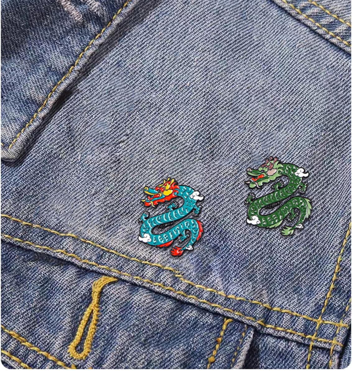 4pcs Chinese Dragon Enamel Lapel Pin Set, Dragon ChineseZodiac Style Traditional Design Red Yellow Pink Blue Green - Image 4