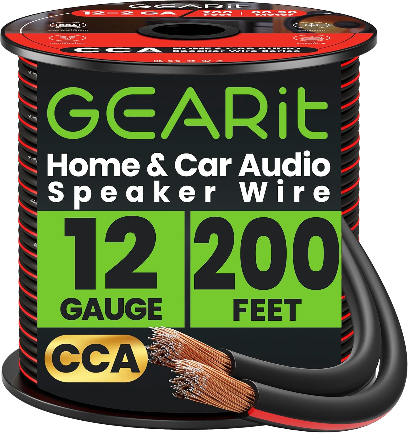GEARit 12 Gauge Speaker Wire - 200ft, Flexible Speaker Cable with Polarity Markings & Foot Markers,12/2 Conductor Audio Cable for Home Theater, Car Audio Stereo, HiFi Surround Sound, 12AWG CCA(Black)