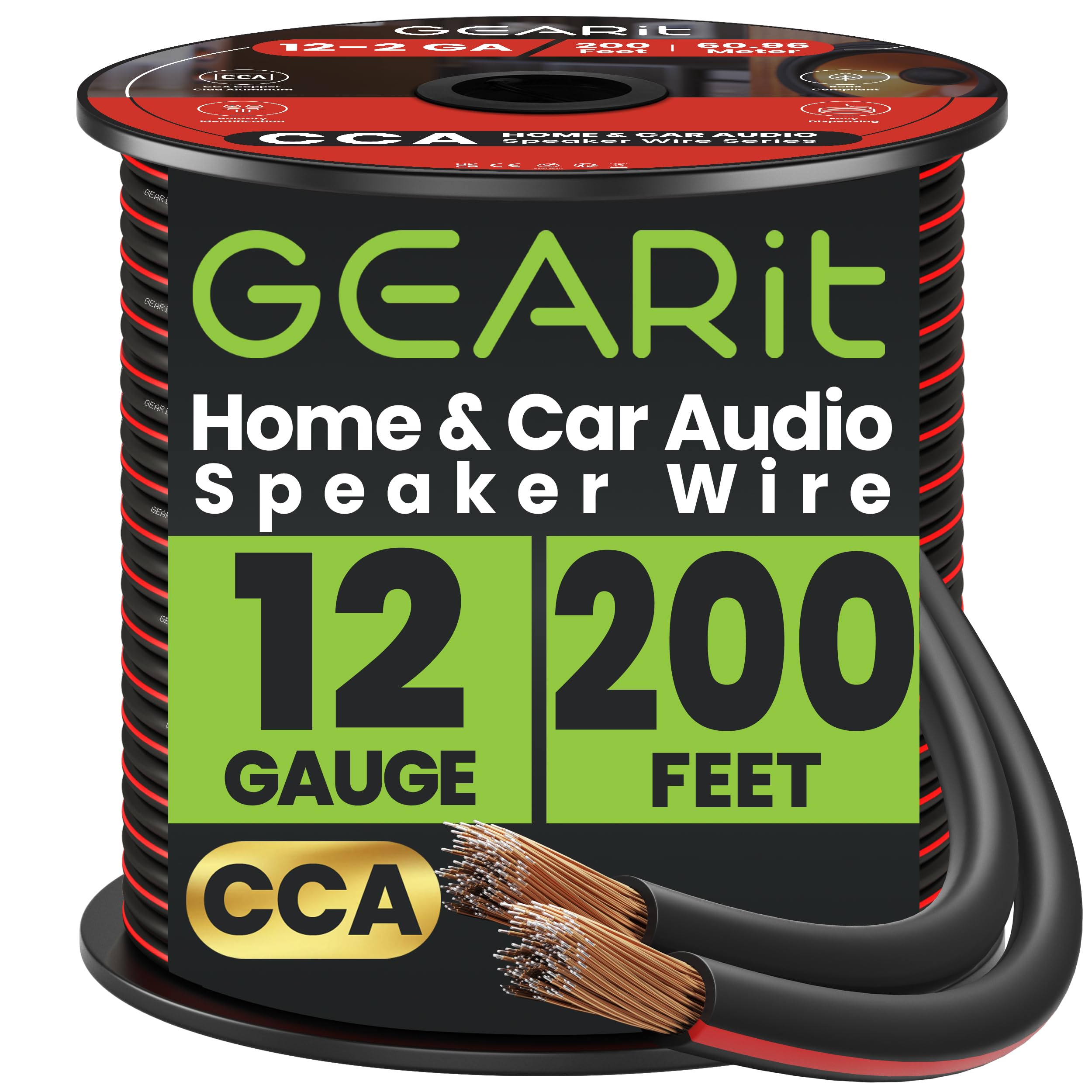 GEARit 12 Gauge Speaker Wire, Speaker Cable 200ft for Car Audio, Home Theater, CCA(Black)