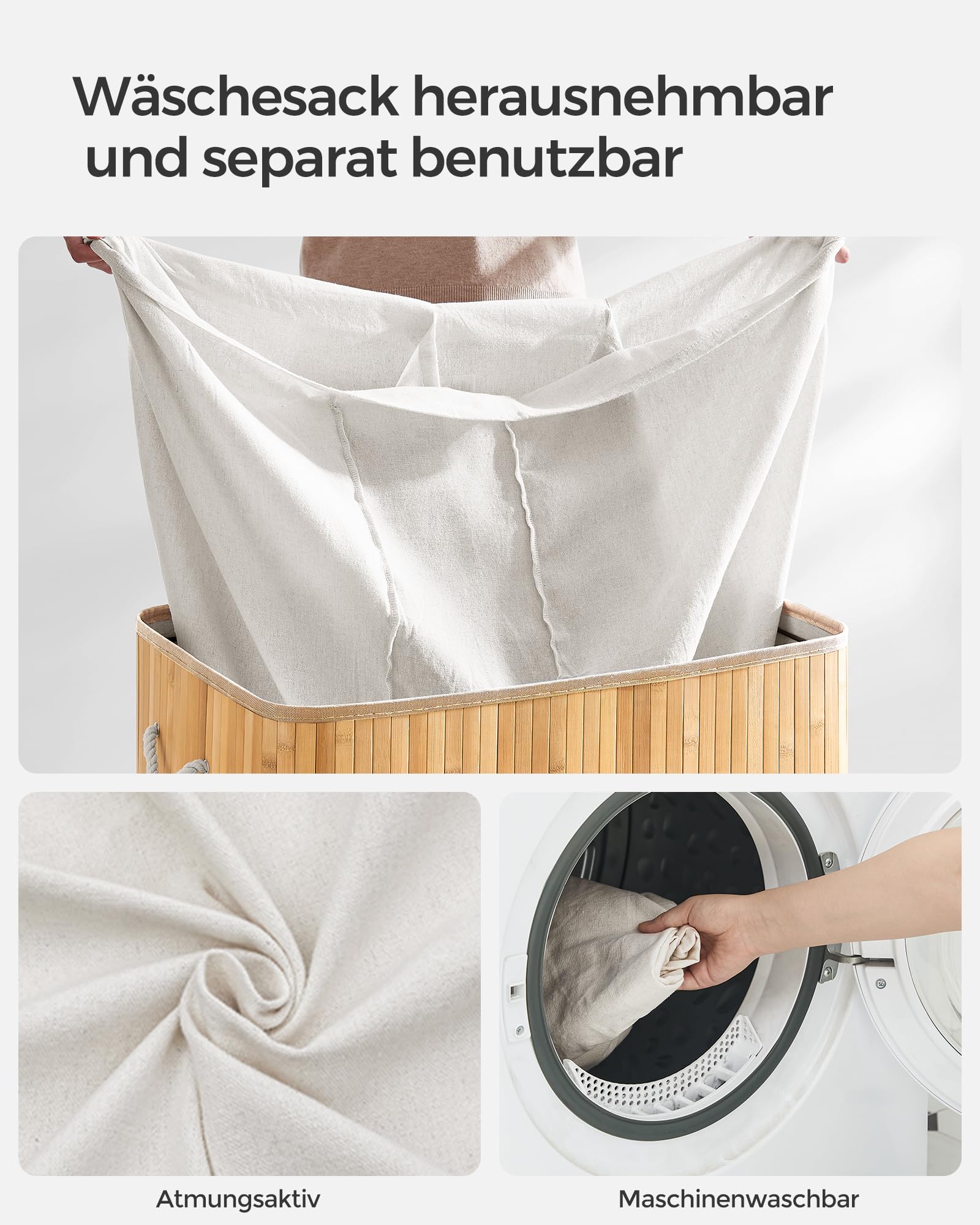 SONGMICS Wäschekorb 3 Fächer, 150 L Wäschesammler mit Deckel, Wäschebox Bambus, mit Griffen, faltbar, Wäschesack herausnehmbar maschinenwaschbar, Waschküche, naturfarben LCB091N01
