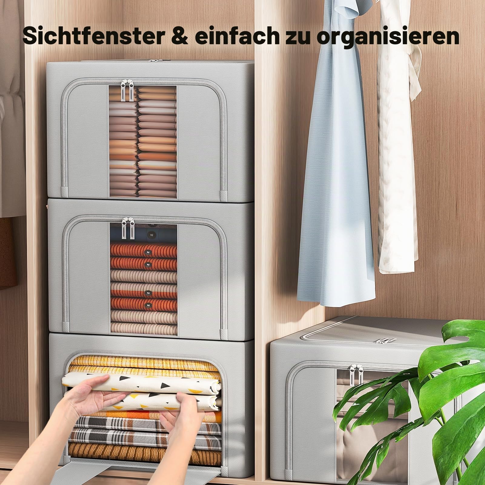 GoMaihe 66L Kleidung Aufbewahrungsbox mit Metallrahmen 3 Stück Grau | Faltbare Aufbewahrungstaschen für Kleidung, Bettwäsche und Bettdecken, stapelbar mit Reißverschluss und Sichtfenster