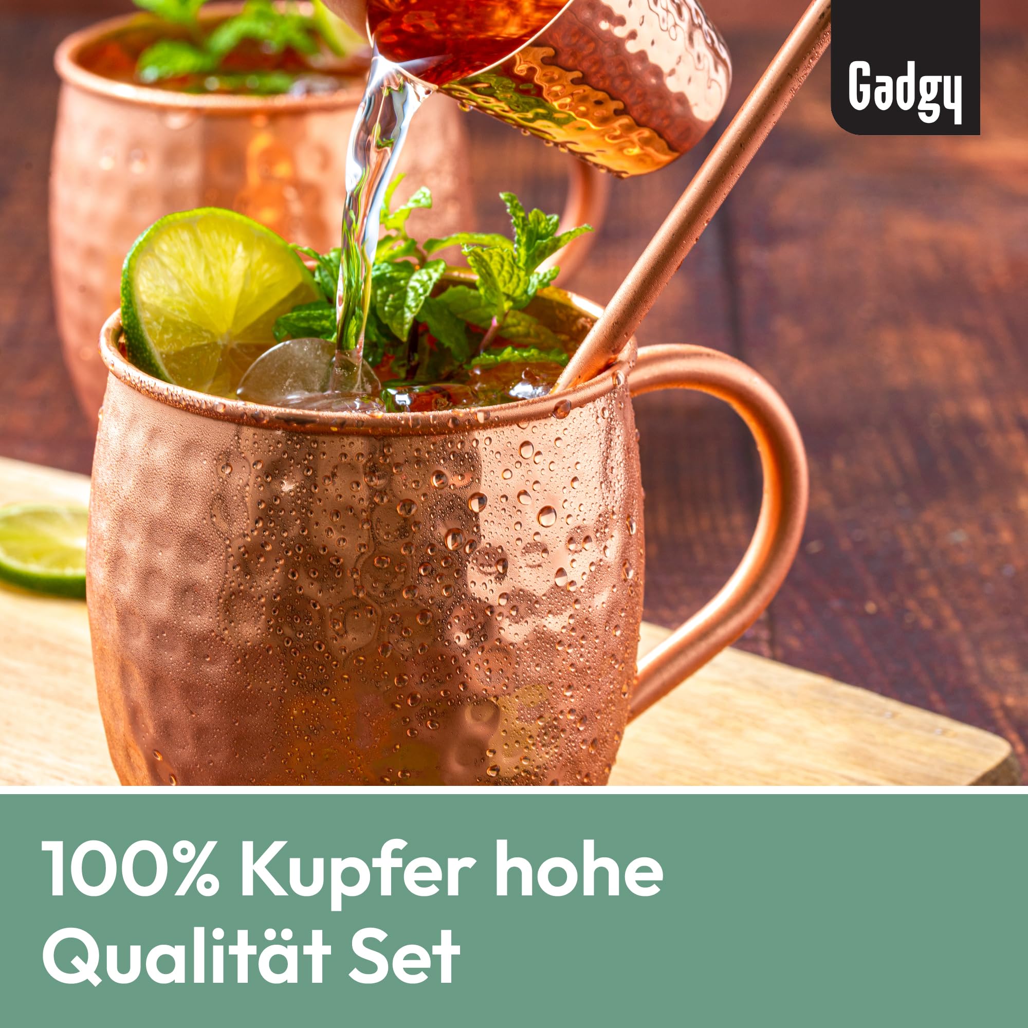 Gadgy Moscow Mule Becher Set – 4 Kupferbecher handgemacht – Cocktailbecher Set mit 4 Strohhalmen & Barmaß – 100% Kupfer – Geschenkset für Cocktail Liebhaber
