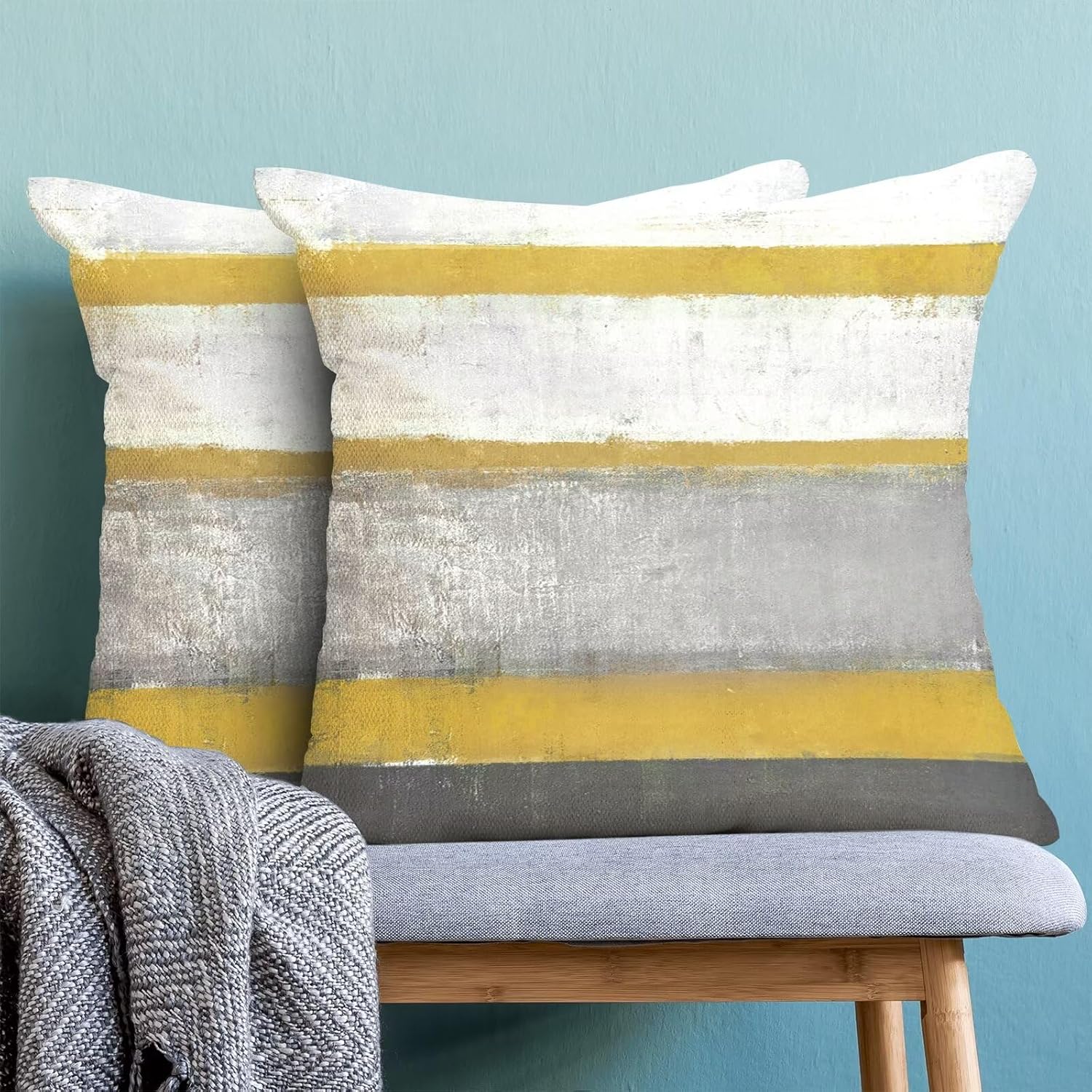 Yellow Grey Pillow Covers 18x18 Set of 2 Beige Abstract Striped Cotton Square Cushion Case