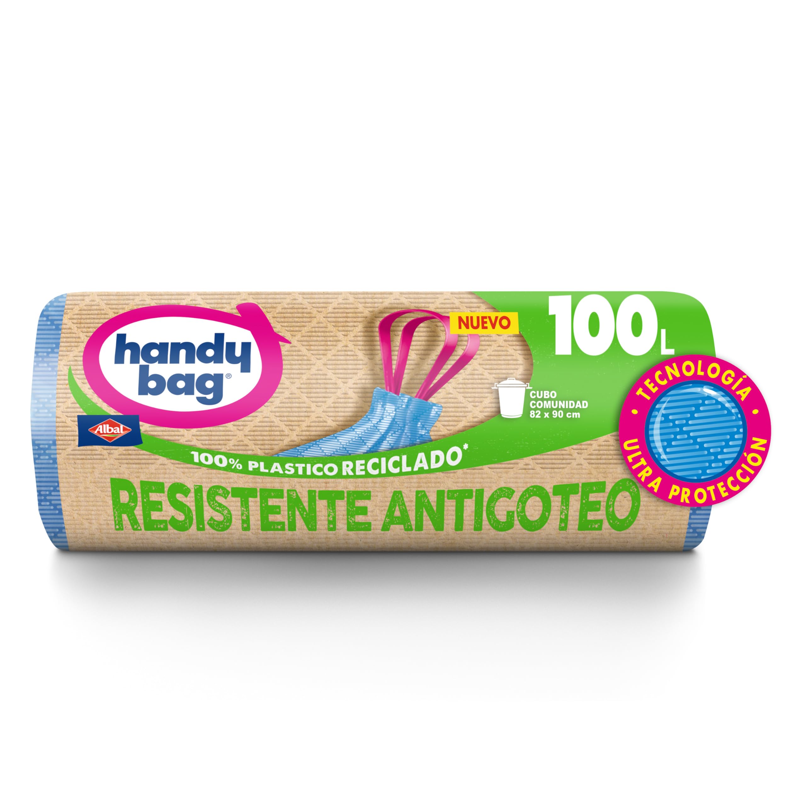Handy Bag Bolsas de Basura Resistente Antigoteo, 100% Reciclado, Autocierre, 100L, 8 Bolsas, 1 Paquete
