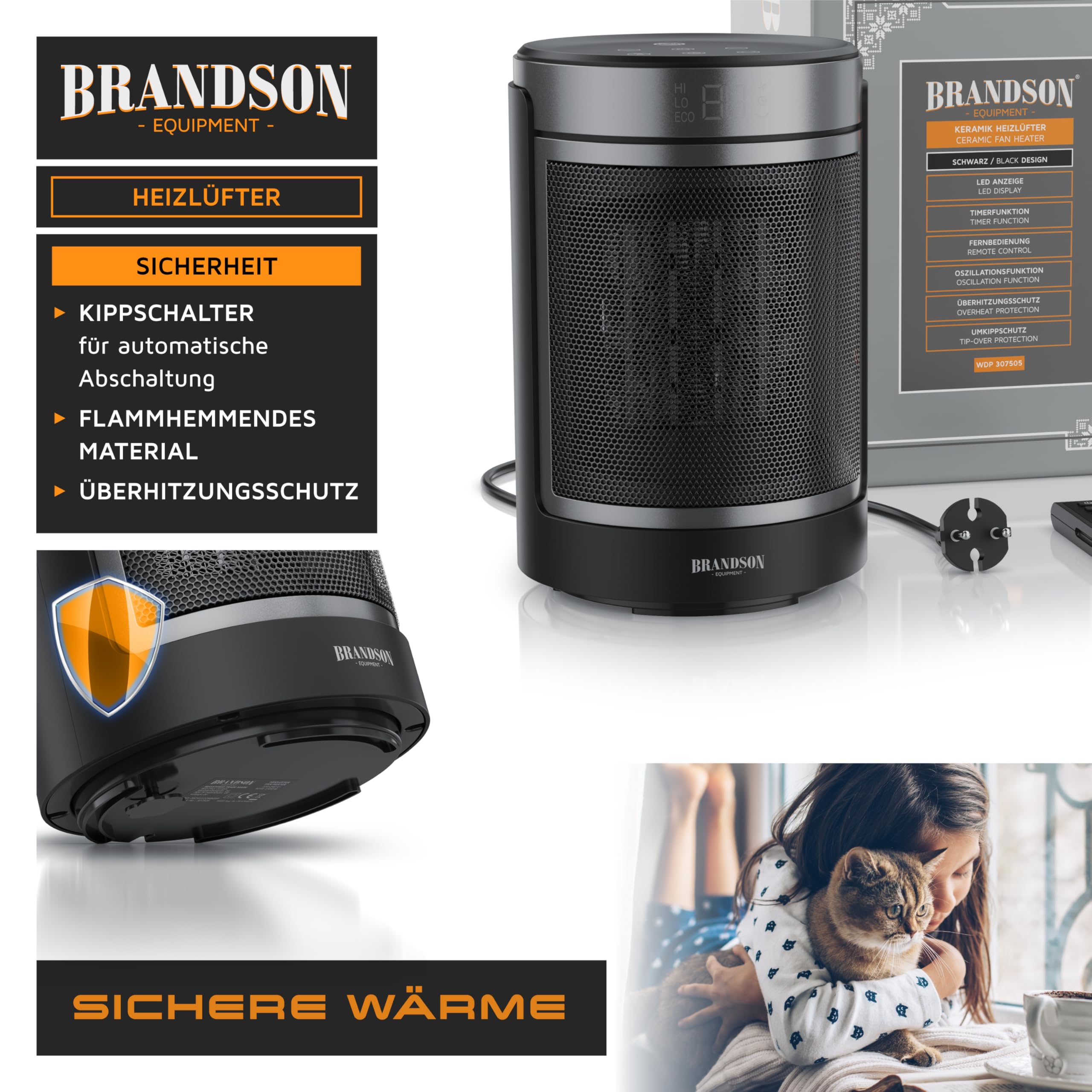 Brandson - Heizlüfter mit Fernbedienung - ECO Modus für energiesparenden Betrieb – Oszillation 50° - 2 Heizstufen - Überhitzungs- und Umkippschutz