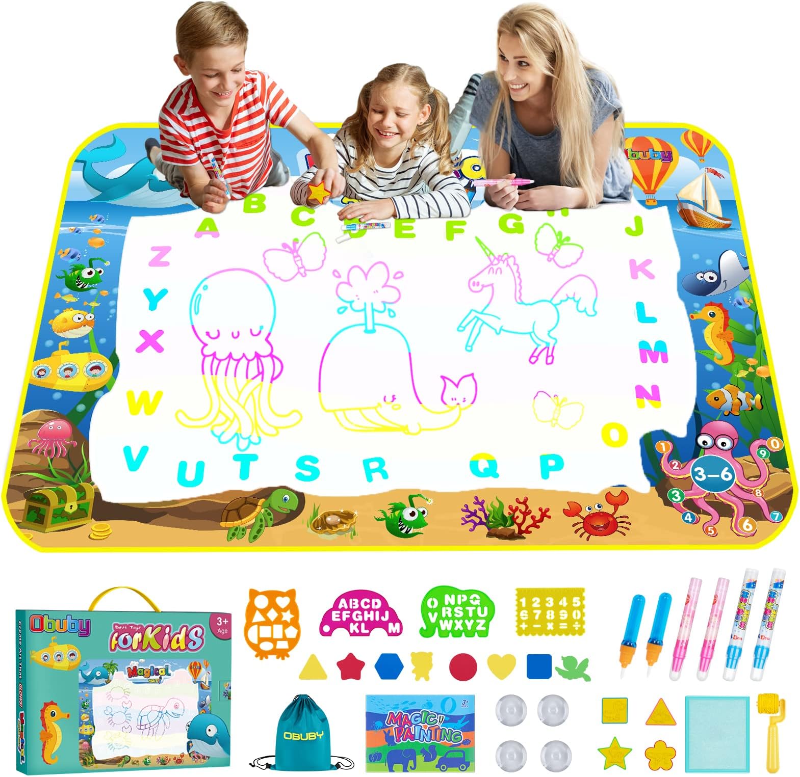 Obuby Water Drawing Mat Kids 47x35 Inches Doodle Gifts Color Draw Board No Mess Coloring Painting Writing Educational Toys for Boys Girls Age 3-12 Years Old Toddler