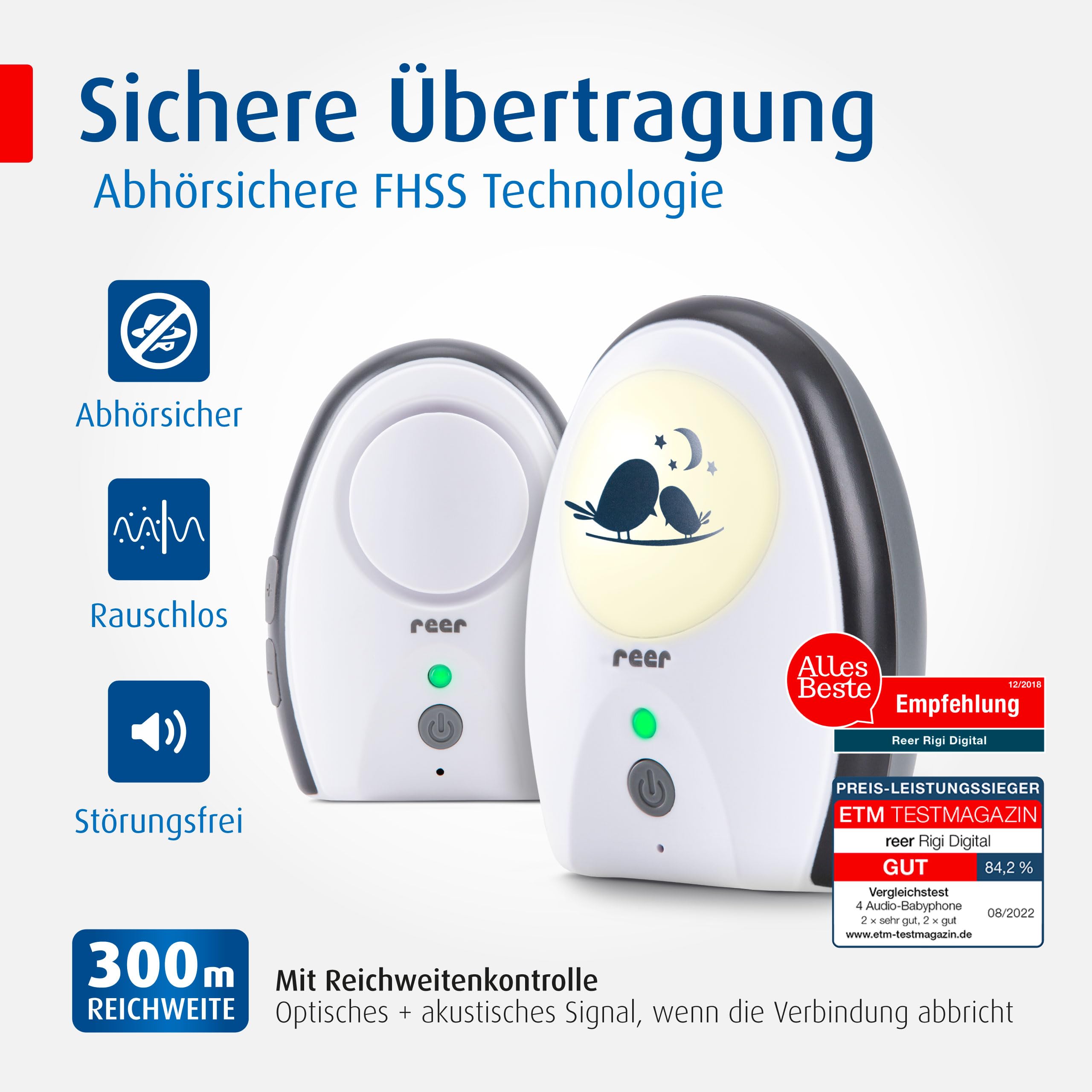 reer Rigi Digital Babyphone | 300 m Reichweite | Mit Nachtlicht und Gegensprechfunktion | VOX-Funktion | FHSS-Technologie | Akku- oder Netzbetrieb | Qualität vom Erfinder