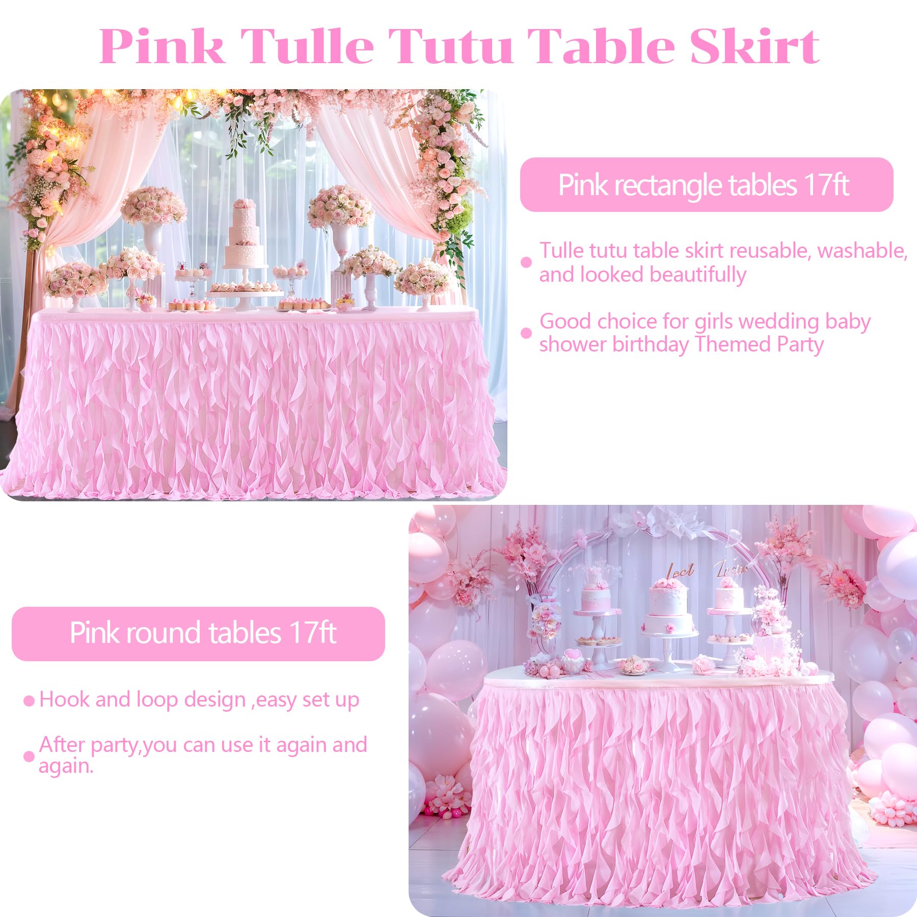 PARTISKY Gonna da tavolo in tulle rosa riccio in salice per tavolo rettangolare da 5,2 m, con volant, per baby shower, feste di compleanno e torte
