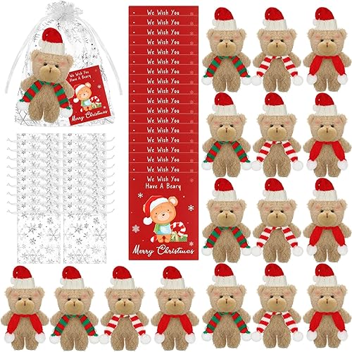 Syhood 18 juegos de oso pequeño de peluche de Navidad de 6 pulgadas, mini juguete de peluche de Navidad con etiquetas de regalo, bolsas de organza