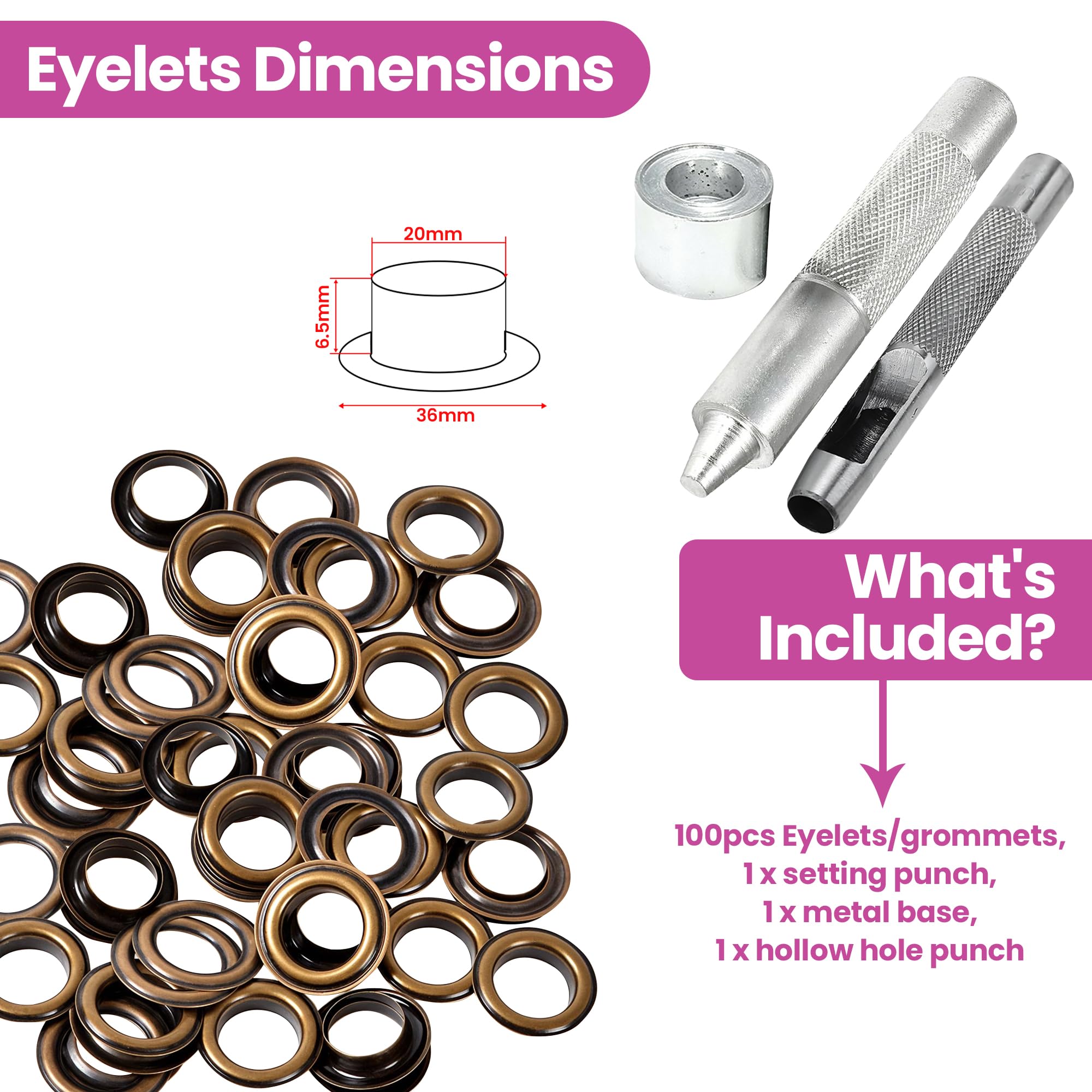 WedDecor Ajuste Ojales Herramientas 100Pcs 20mm Bronce Ojales Con 3pcs Herramientas de Mano para Fijación Ojales En Artesanía en Piel, Artes y Manualidades Proyectos, Manualidades, Ropa