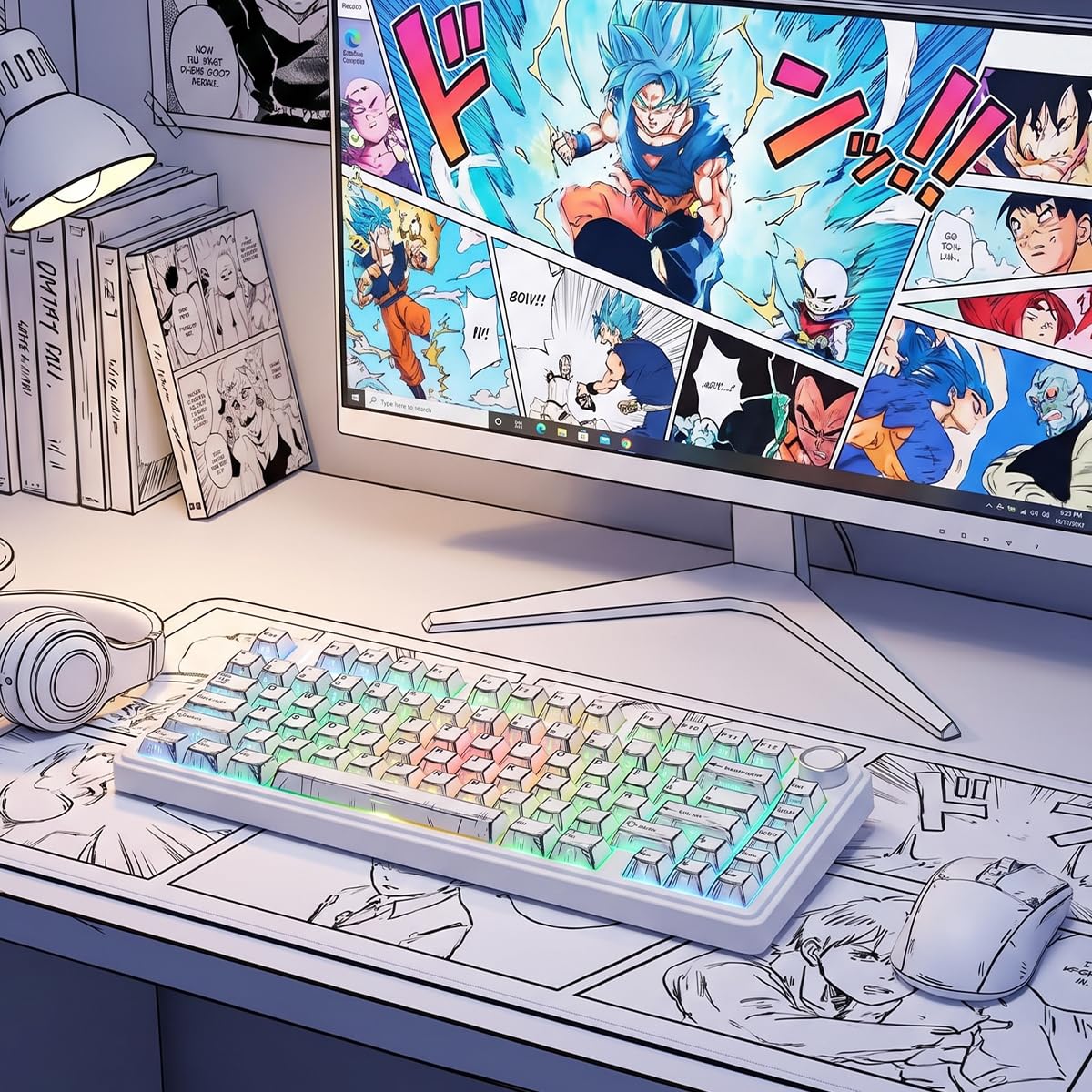 PBT German Keycaps, 128 Keys Manga White Keycap, Retro Style Side Printed Shine Through Dye Sub Keycap for Cherry MX Switch ISO QWERTZ Layout Meccanical Keyboards