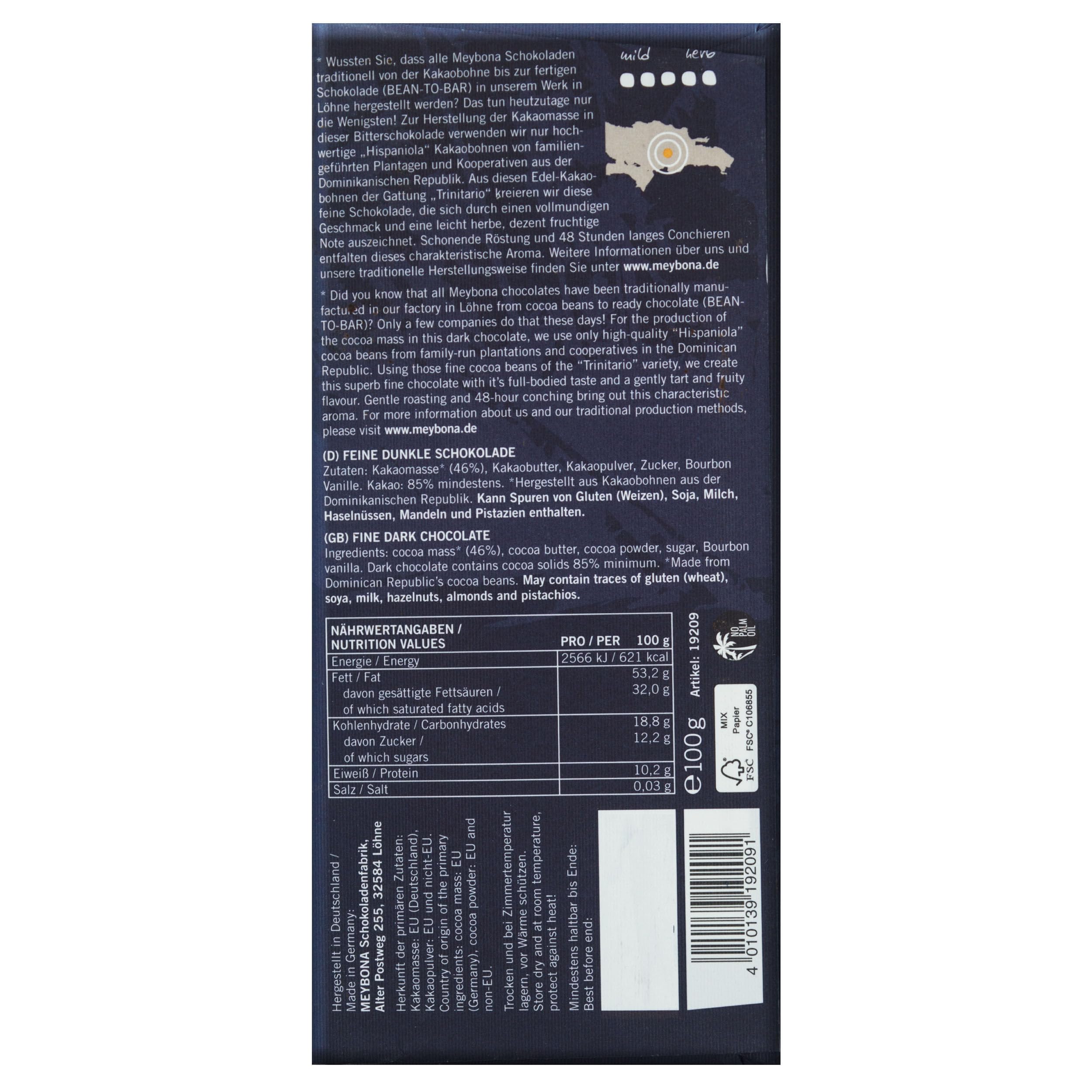 Meybona Urspungs-Schokolade Zartbitter 85% | Dominican Republic | 10x100g | Bean-to-Bar, Kakao Single Origin, Edelkakao-Schokoladen, Tafelschokolade, seit 1923, 85% Kakao, für Genießer